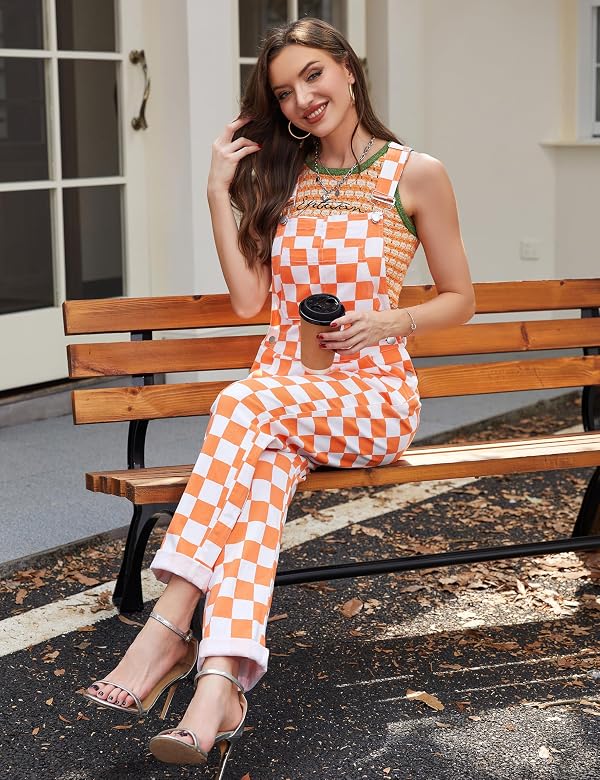 Bindefon Overalls for Women Checkered Pants Fashion Jumpsuits Stretchy Rompers Plaid Bib Coveralls(Orange Plaid,2XL) by Bindefon - Image 6