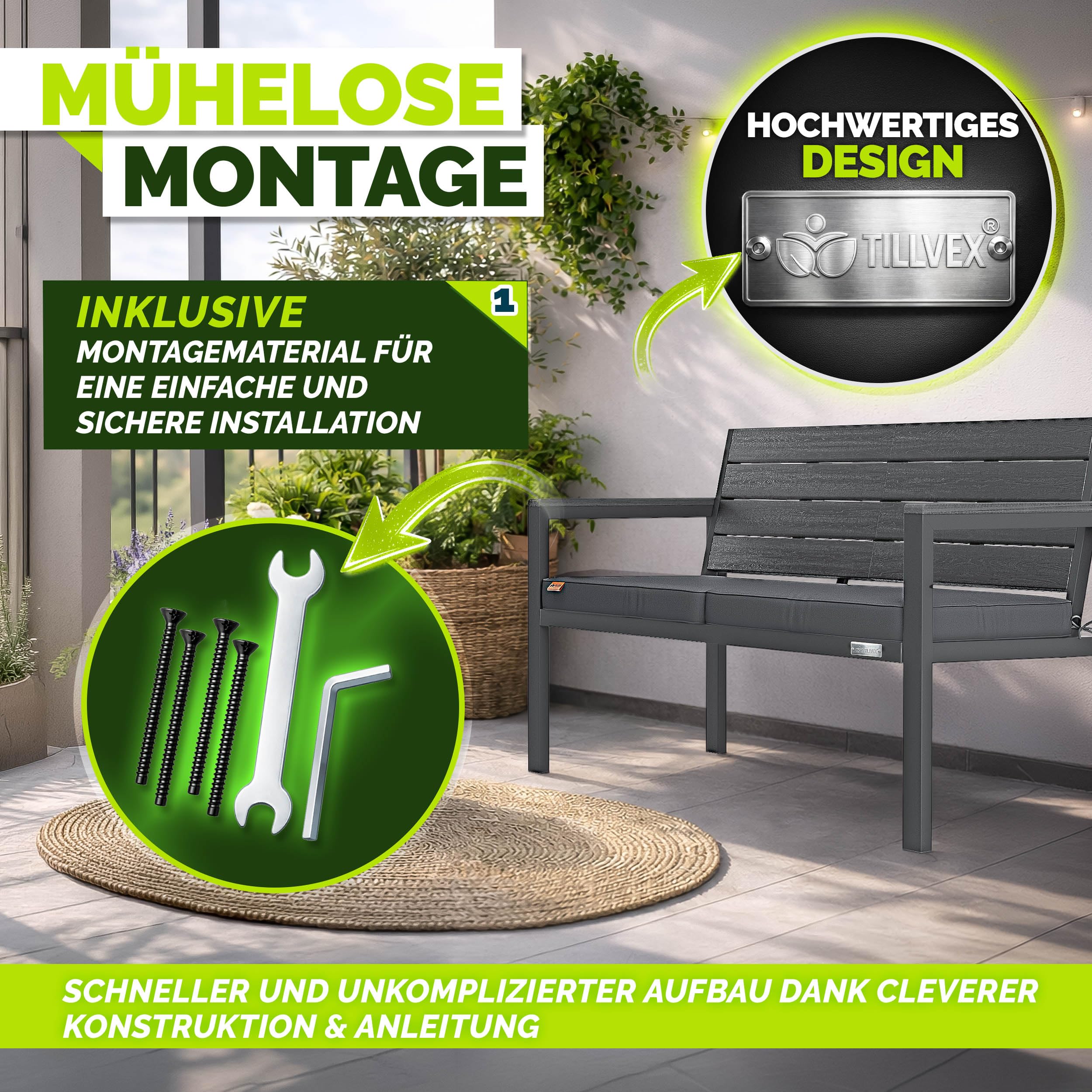 tillvex® Gartenbank Wetterfest 2-3 Sitzer mit Abdeckung & Kissen | Parkbank in Holzoptik bis 300kg belastbar UV-beständig | Sitzbank Garten Terrasse Balkon mit waschbarem Bezug