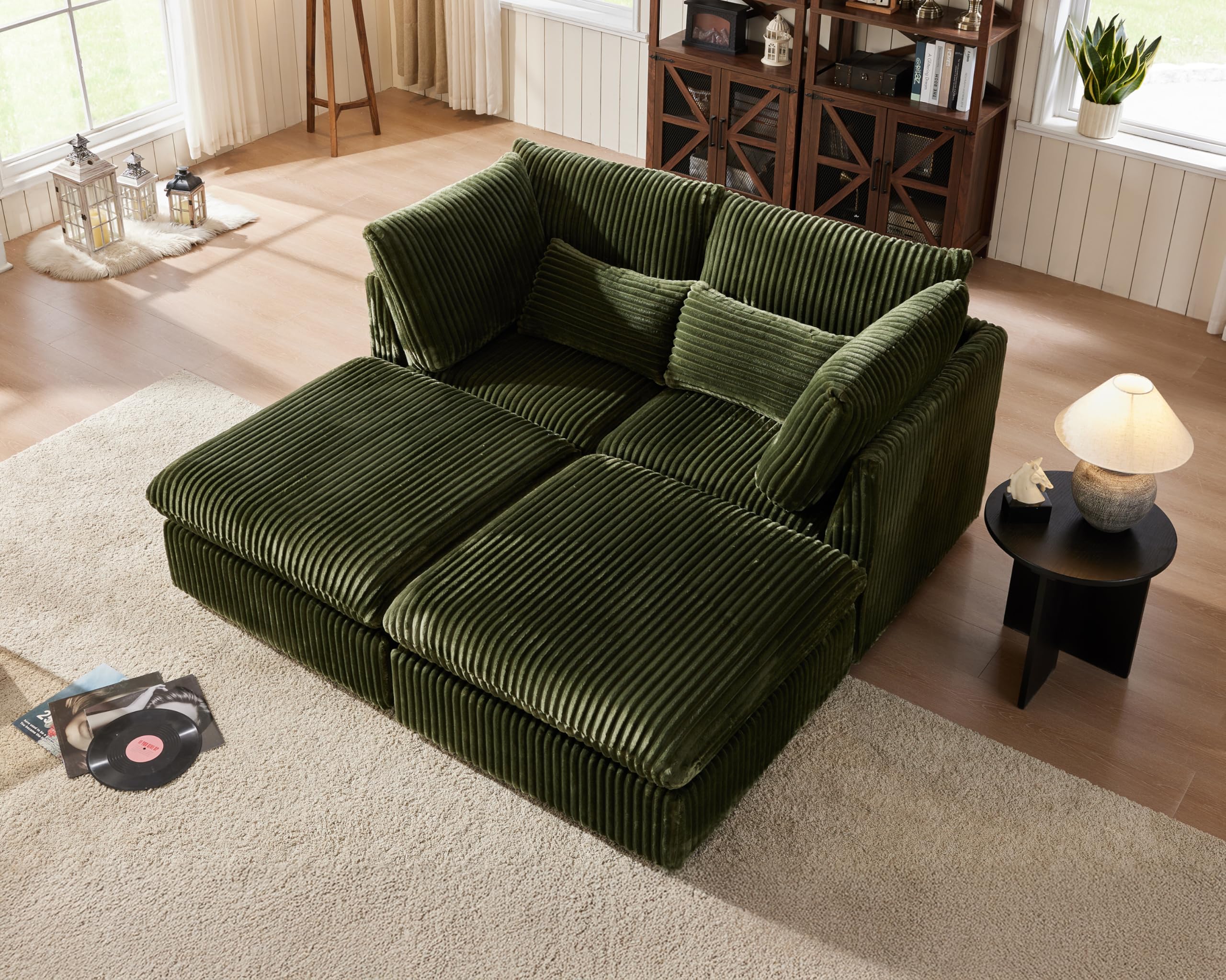 Oversized Modular Sofa, Extra Deep Cloud Corduroy Sectional Couch with Ottoman Chaise, Fluffy Corduroy 4 Seater Couch Bed for Living Room, Villa (Sofa