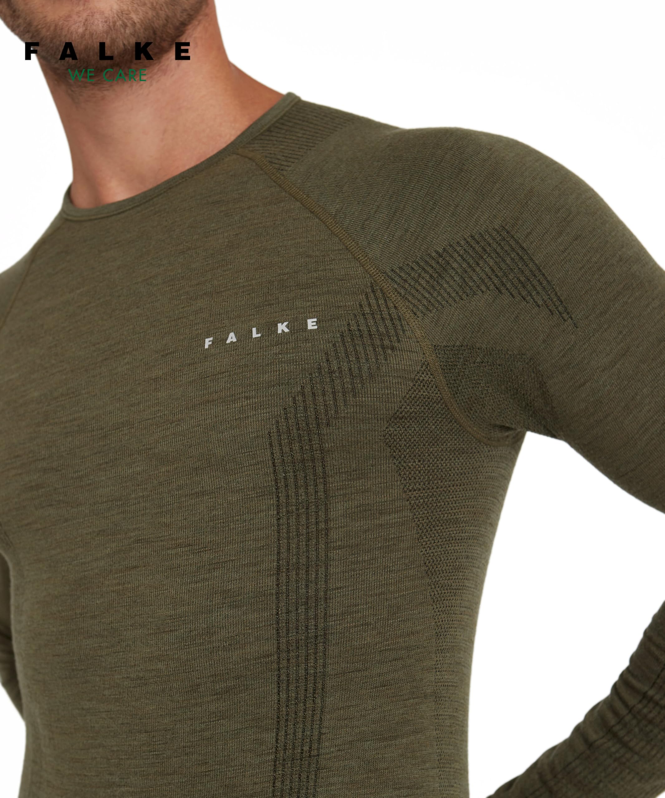 FALKE Mężczyźni Warstwa podstawowa (góra) Wool-Tech Round Neck M L/s Sh wełna materiał funkcjonalny szybkoschnące ciepłe 1 Sztuka, Zielony Olive 7830, S