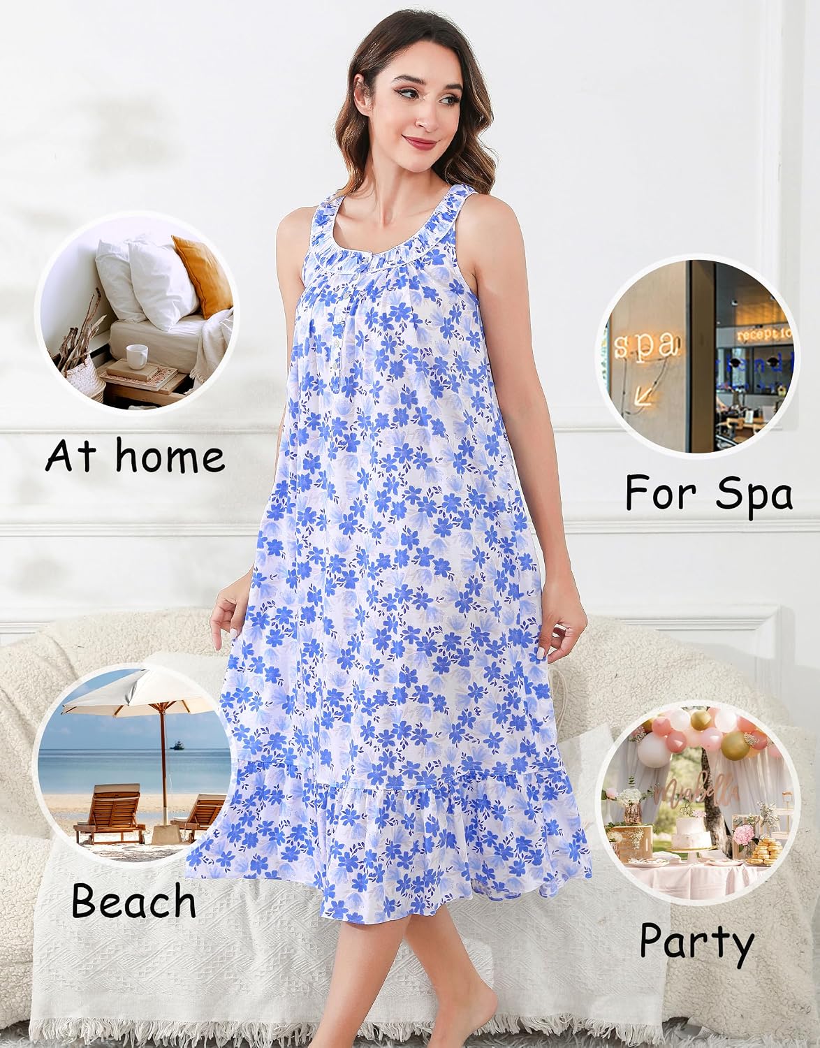 IZZY + TOBY 100% Cotton Nightgowns for Women Soft Ladies Gowns Sleepwear Long Sleeveless Nightgown