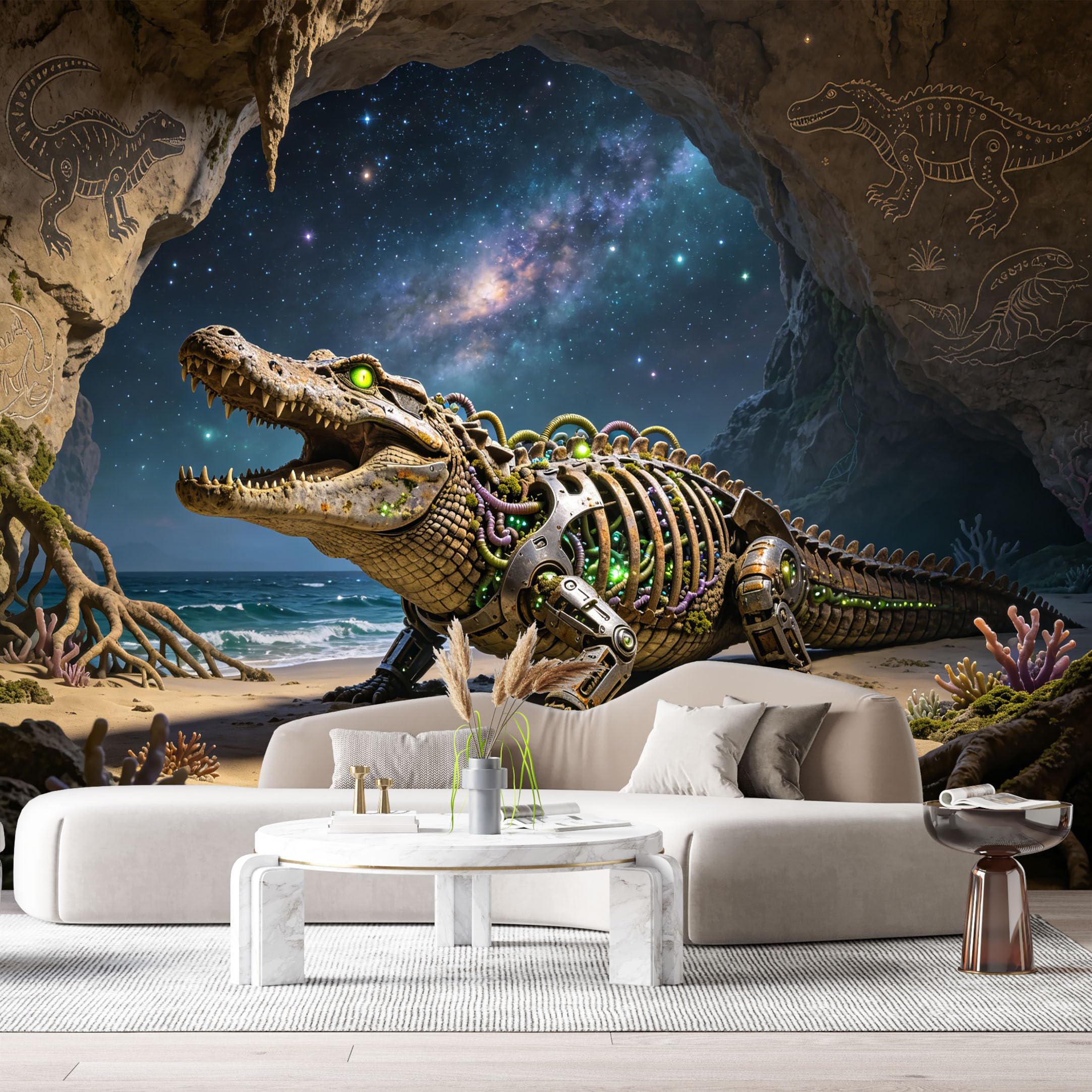 Custom Size Wall Mural Mechanical Crocodile Mech SciFi Robot Reptile Futuristic Armor Neon Industrial Style SelfAdhesive Art Prints Removable Large Wallpaper Esports Room Game Room Studio