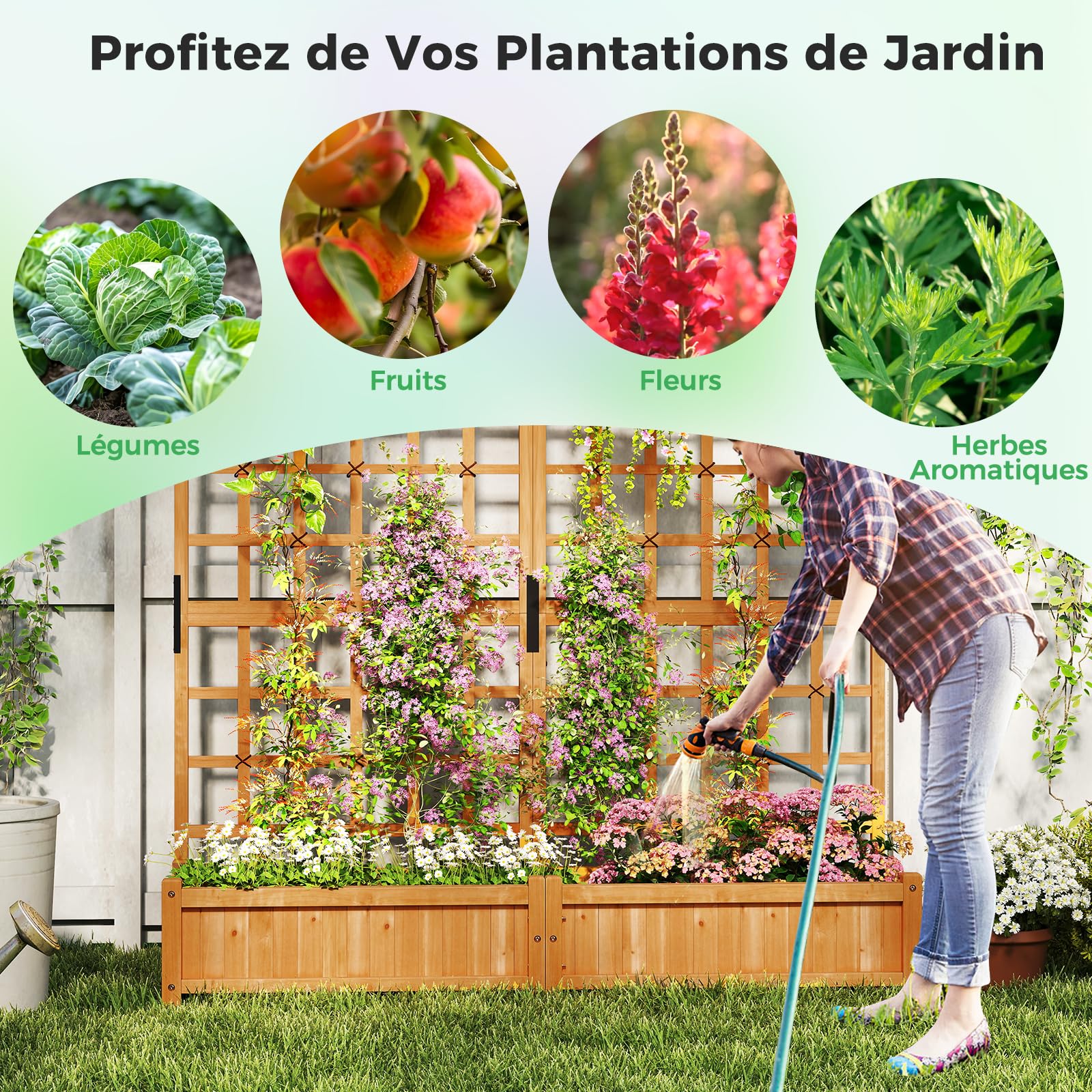 RELAX4LIFE Jardinière Surélevée avec Treillis 183CM, Jardinière sur Pied en Bois avec 4 Trous de Drainage, Conteneur de Plantes Vertical Pourvignes Grimpantes, Naturel