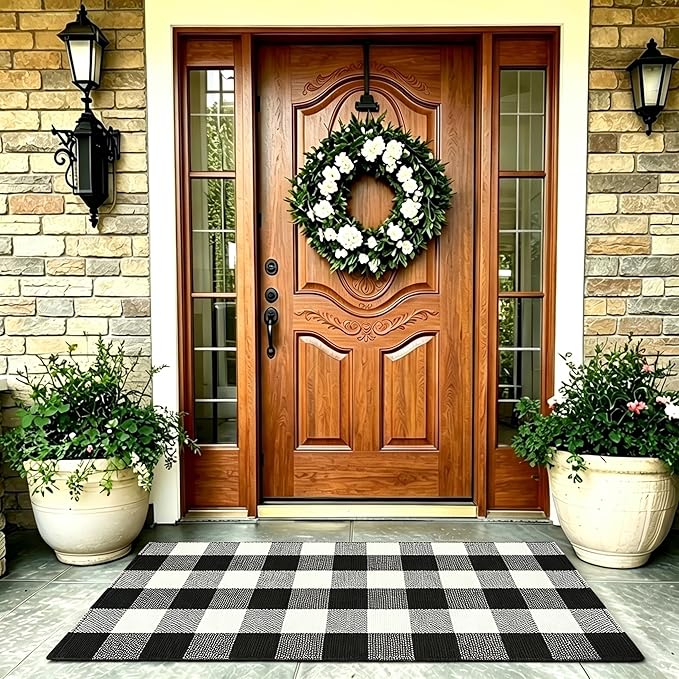Cotton Buffalo Plaid Rug, 4' x 6' Navy Blue White Outdoor Rug Decorative Mat, Washable Large Doormat Hand-Woven Foldable Area Rug for Outdoor Patio Indoor Living Room Dining Room Kitchen