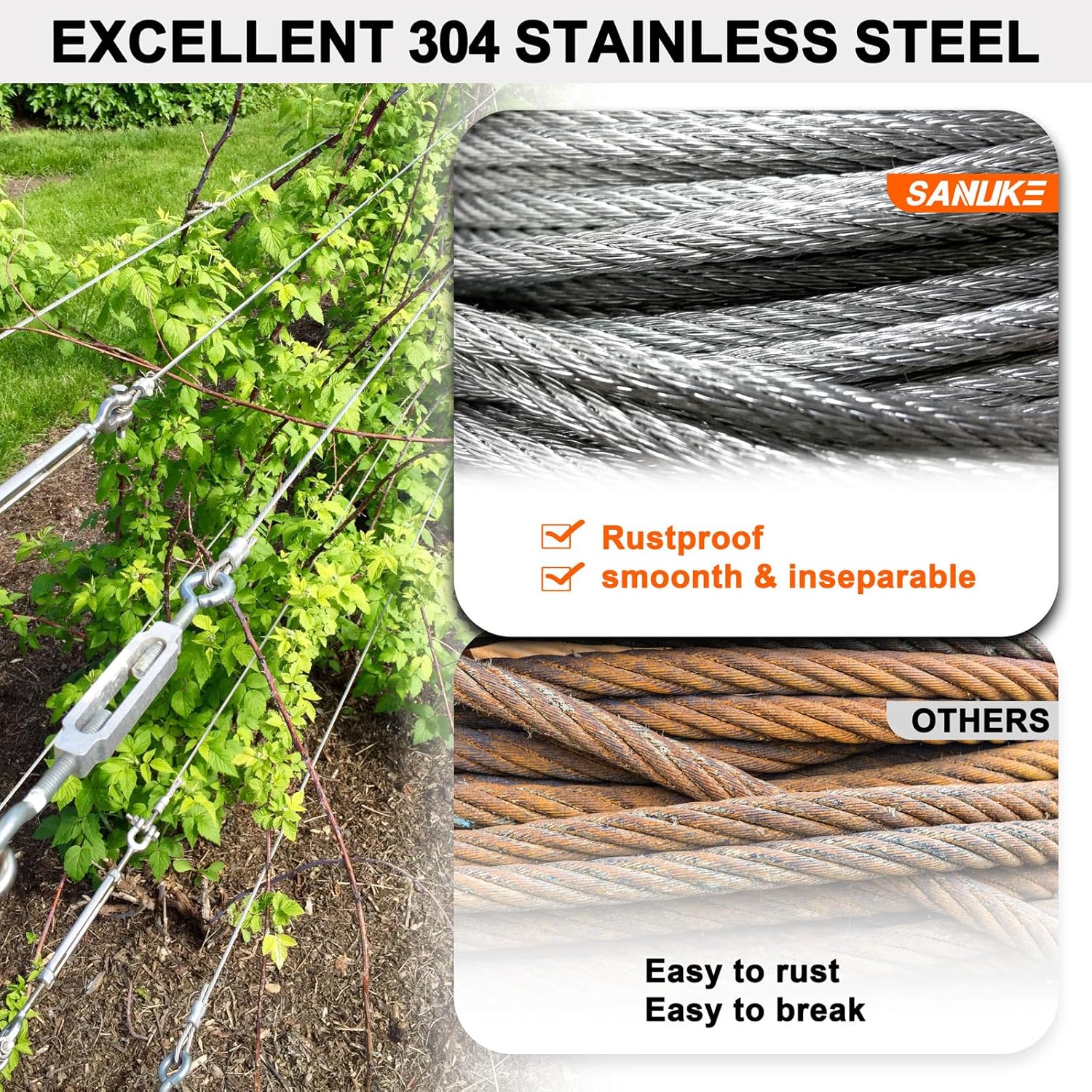 Sanuke 1/8" 304 Stainless Steel Cable, 50ft Wire Rope Metal Cable with Loop Sleeve and Thimble, 7x7 Strand Core Steel Wire for Deck Railing System, Garden Fence, Outdoor Hanging Kit