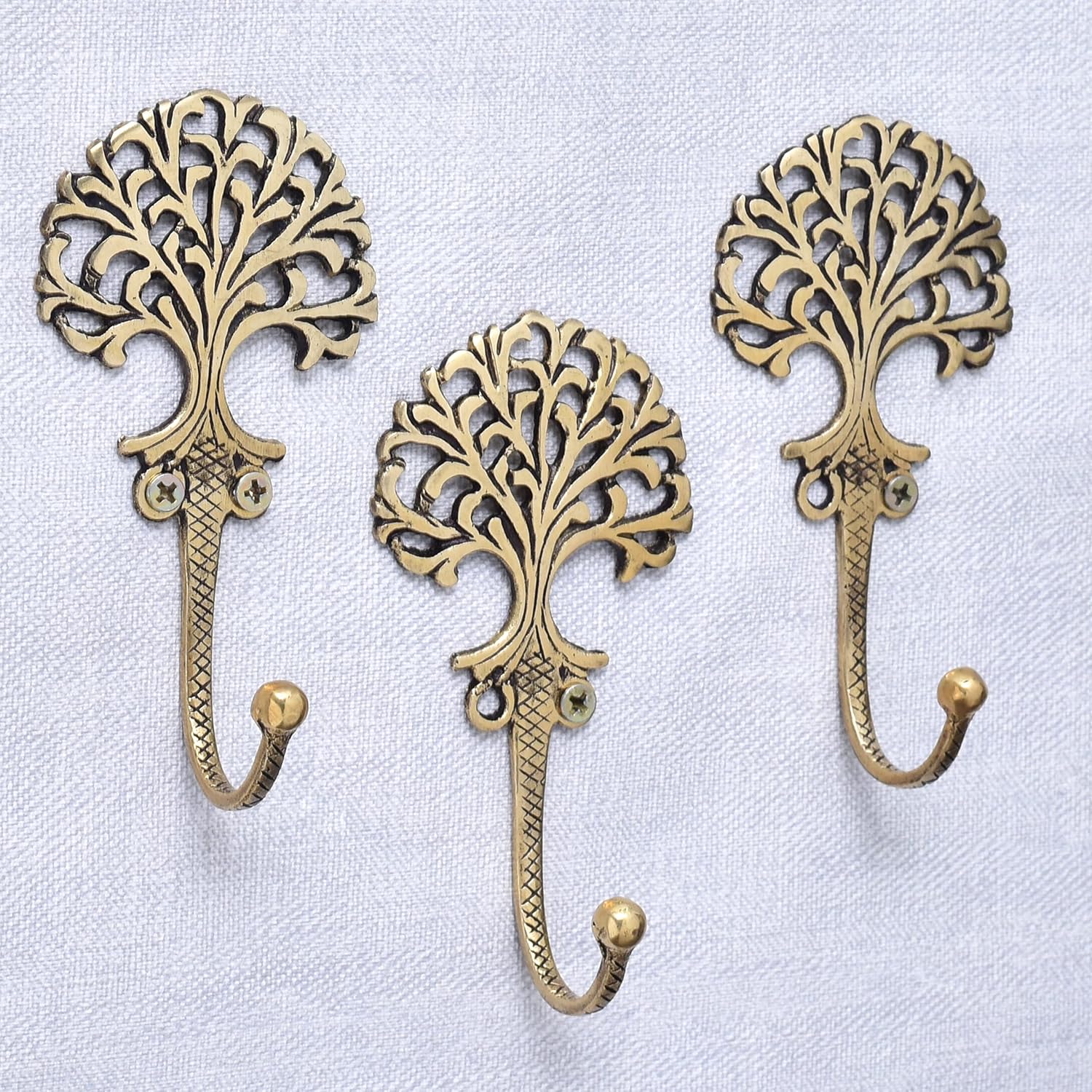 Indian Shelf 3 Piece Artisan Brass Heavy Duty Decorative Vintage Key Holder, Key Wall Hooks for Hanging Coats, Jackets, Leash, Hat, Towel, Backpack, Purse, Handbag for Living Space Decors [Gold]