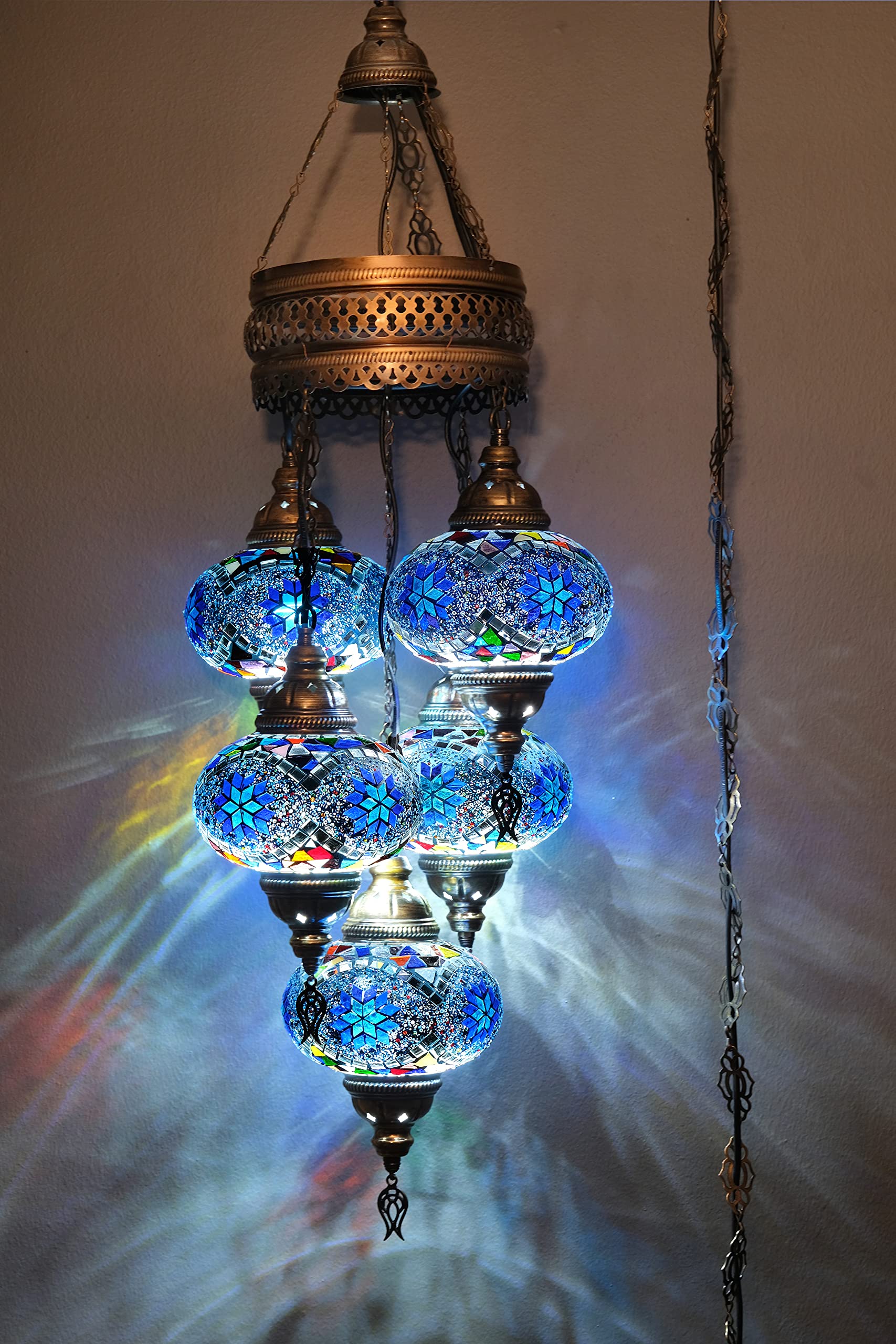 5 Globe Turkish Pendant Ligting, Mosaic Turkish Moroccan Hanging Lamp, Ceiling Decorative Dining Lamp, 3 Feet Height 7 inch Globes (Blue)