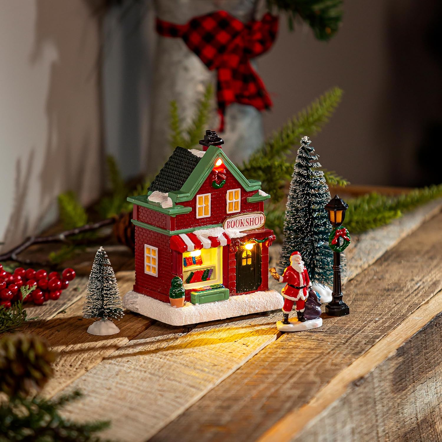 Evergreen Garden LED Christmas House Table Decor Set, Christmas Village Sets with LED Light, Christmas Miniature Figurines Building Sets for Christmas Decoration