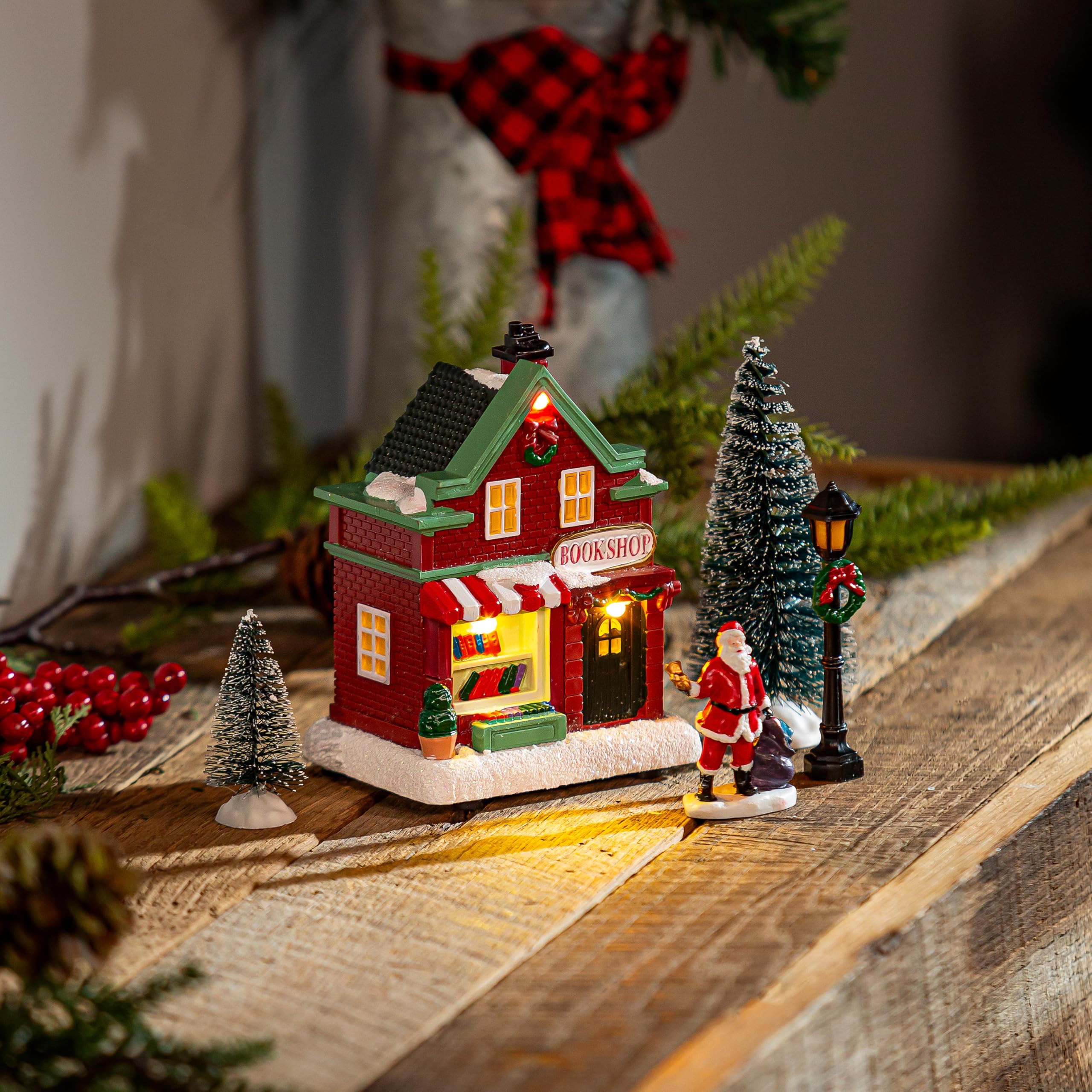Evergreen - Juego de decoración de mesa de casa de Navidad con luz LED, figuras en miniatura de Navidad para decoración de Navidad