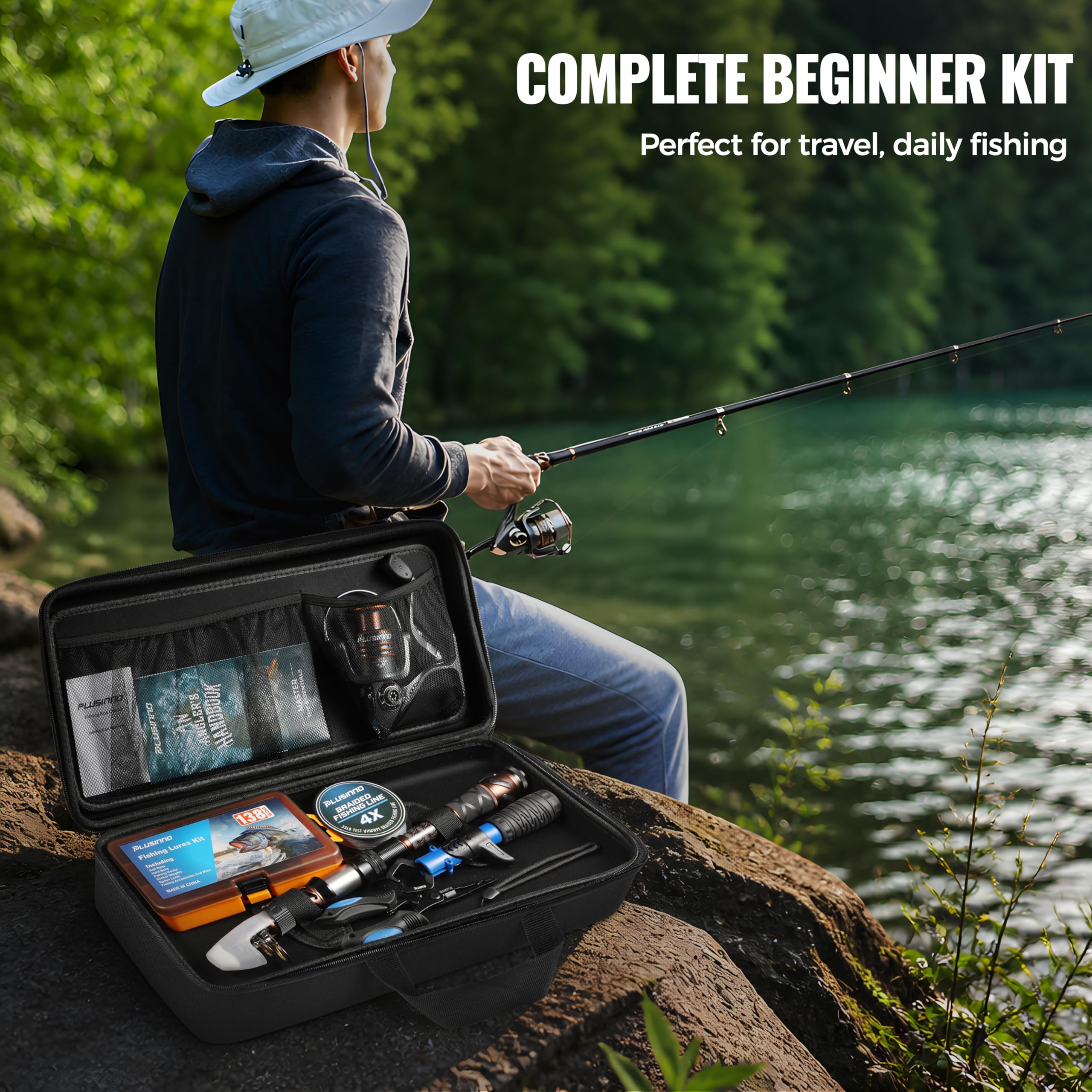 PLUSINNO Angelrute und Rolle Combo mit Teleskop-Angelrute, tragbares Reise-Angelruten-Set mit Tackle Box Tragetasche & Anleitungen, Angelausrüstungs-Werkzeug-Set für Süßwasser, Angelgeschenke für
