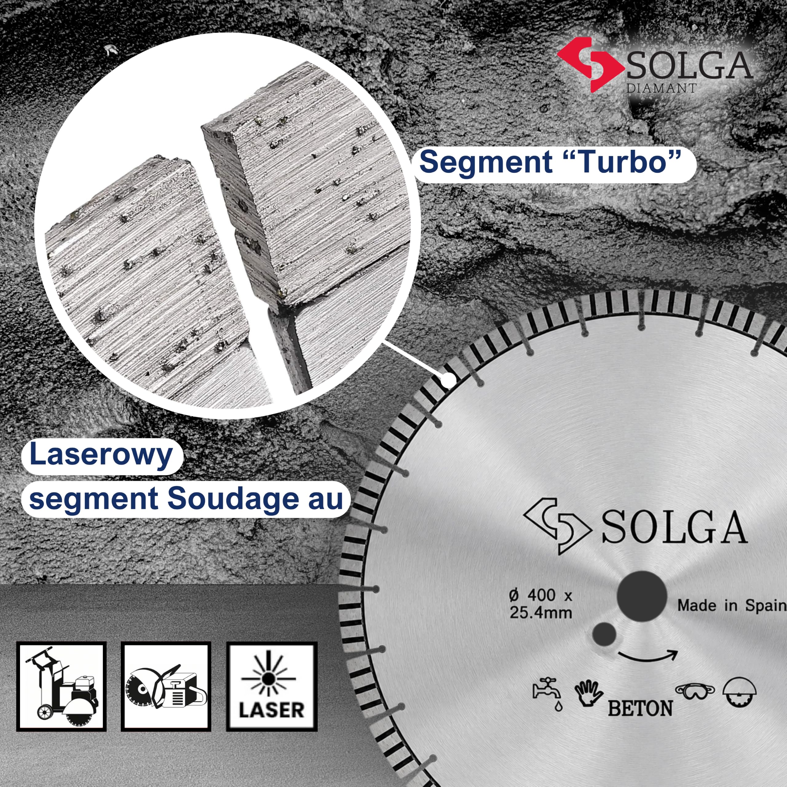 SOLGA Diamentowa tarcza tnąca 400 mm TURBO, tarcza tnąca 400 mm, tarcza diamentowa do asfaltu, betonu, cegły, kamienia, betonu komórkowego, granitu, brzeszczot do piły spalinowej, elektrycznej