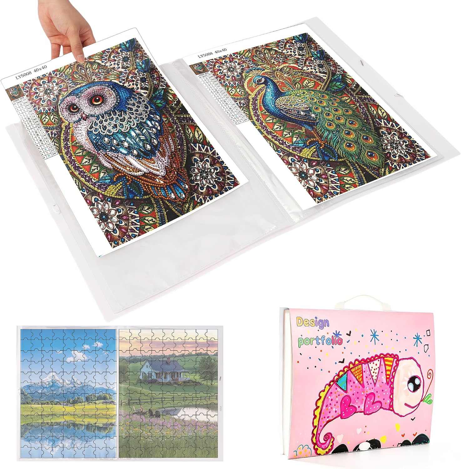 Kids Art Portfolio Folder with Handle, Large Artwork Storage Organizer for Drawings, Crafts, Puzzles & School Projects, Cute Cartoon Horse Design Art Portfolio Case for Boys Girls,Waterproof (Pink)