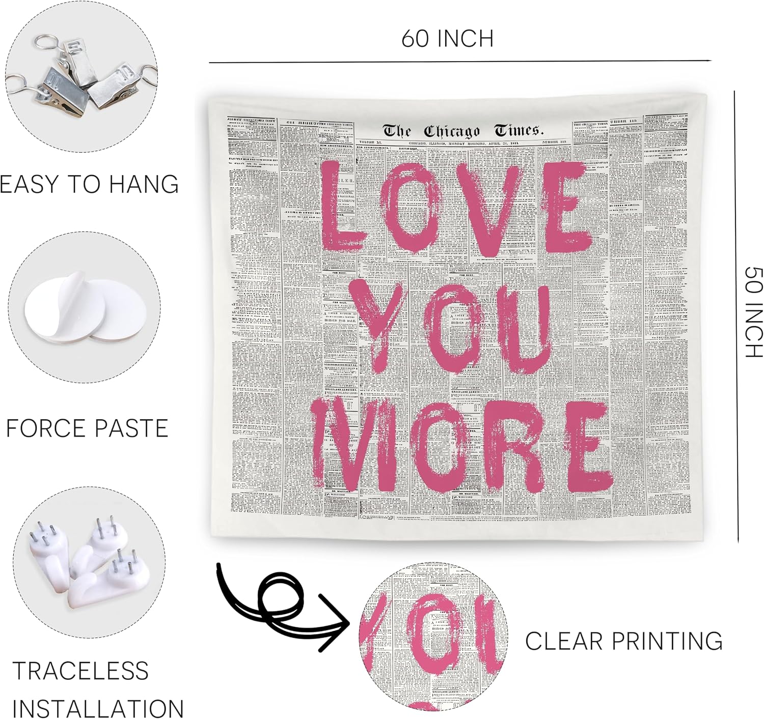 WNAGT Vintage Pink Newspaper Tapestry Wall Hanging, Love You More Retro Funky Bold Typography Wall Blanket Decor for Dorm Apartment Bedroom Living Room Home, 50x60 Inch