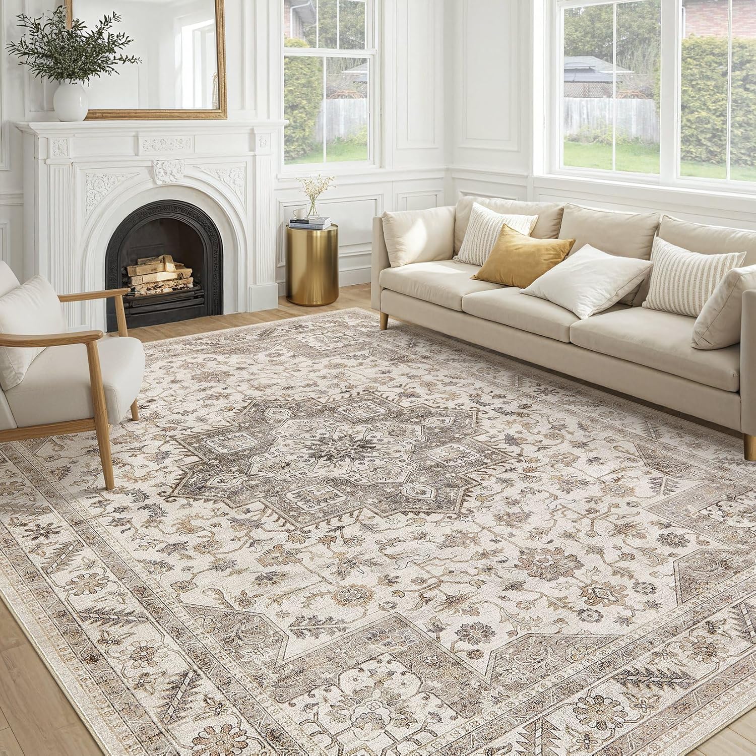 Vintage Living Room Area Rug 8x10 - Large Soft Washable Oriental Traditional Distressed Farmhouse Rugs for Bedroom - Indoor Floor Accent Carpet for Home Office House Decor - Light Brown Light Brown 8' x 10'