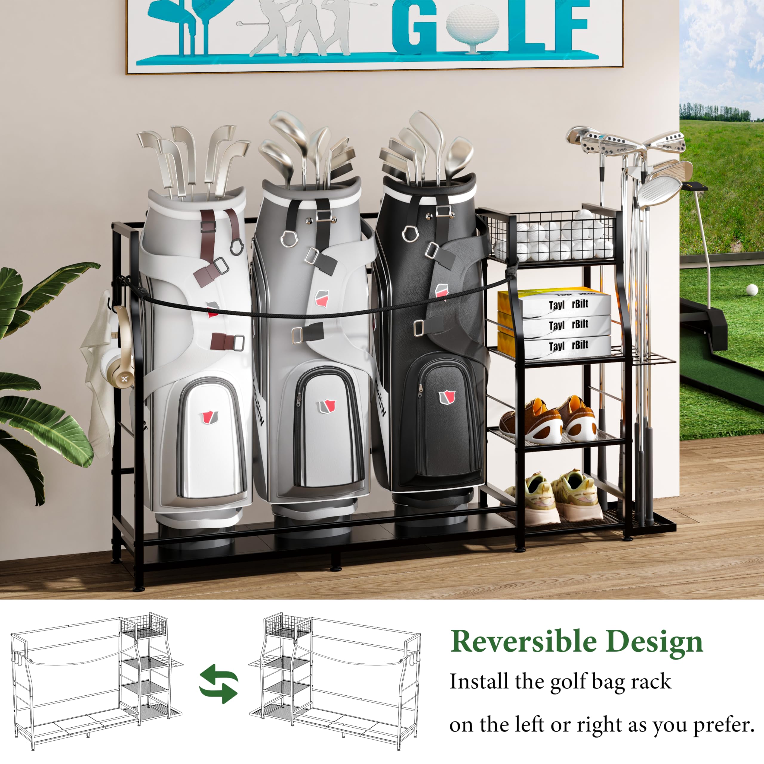 Golftaschenständer für Golftaschen-Zubehör, Golftaschen-Aufbewahrungs-Organizer passend für 3 Taschen für Garagenorganisation, Golf-Organizer mit zusätzlichem Aufbewahrungsregal für Golfschläger und
