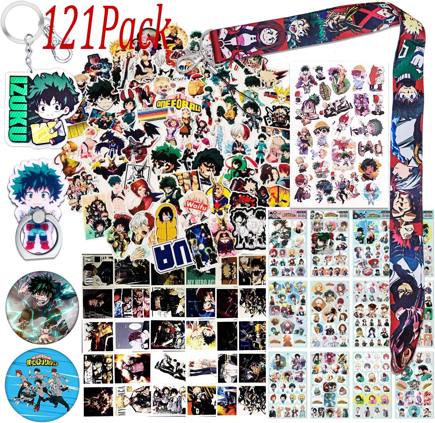 My Hero Academia Stickers Gift Set - 73 Pcs Anime Cartoon Laptop Stickers/ 12 Sheet Stickers/ 30 Postcards/2 Button Pins/1 Phone Ring Holder/1 Lanyard/ 1 Keychain and 1 Tattoo sticker