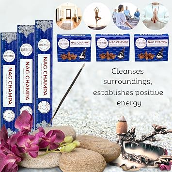 TRUMIRI Nag Champa Incense Sticks & Backflow Cones for Waterfall - 45 Sticks + 30 Cones