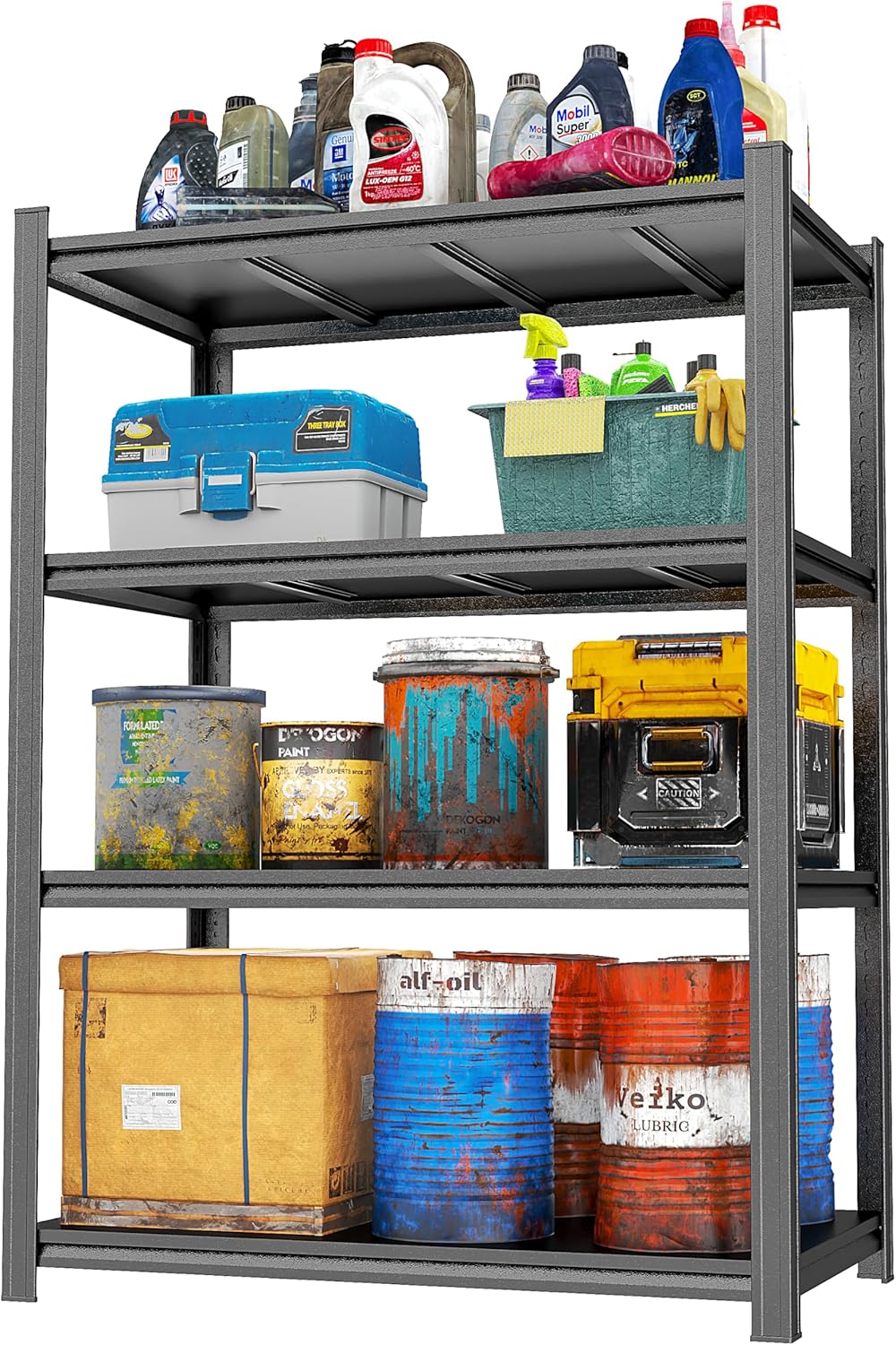 Garage Shelving Unit, Heavy Duty Metal Adjustable Storage, Steel Shelves, Industrial Shelves for Heavy Tools and Equipment, Ideal for Garage, Basement, Black (4-Tier, 63.0" H x 45.3" W x 15.7"D)