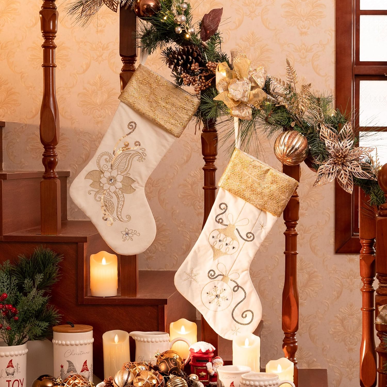 Valery Madelyn 21 Inches Christmas Stockings Decorations, 2 Pack White and Gold Stockings Embroidered in Gold Thread, Elegant Stocking Christmas with Name Tag for Fireplace Decor - Image 5