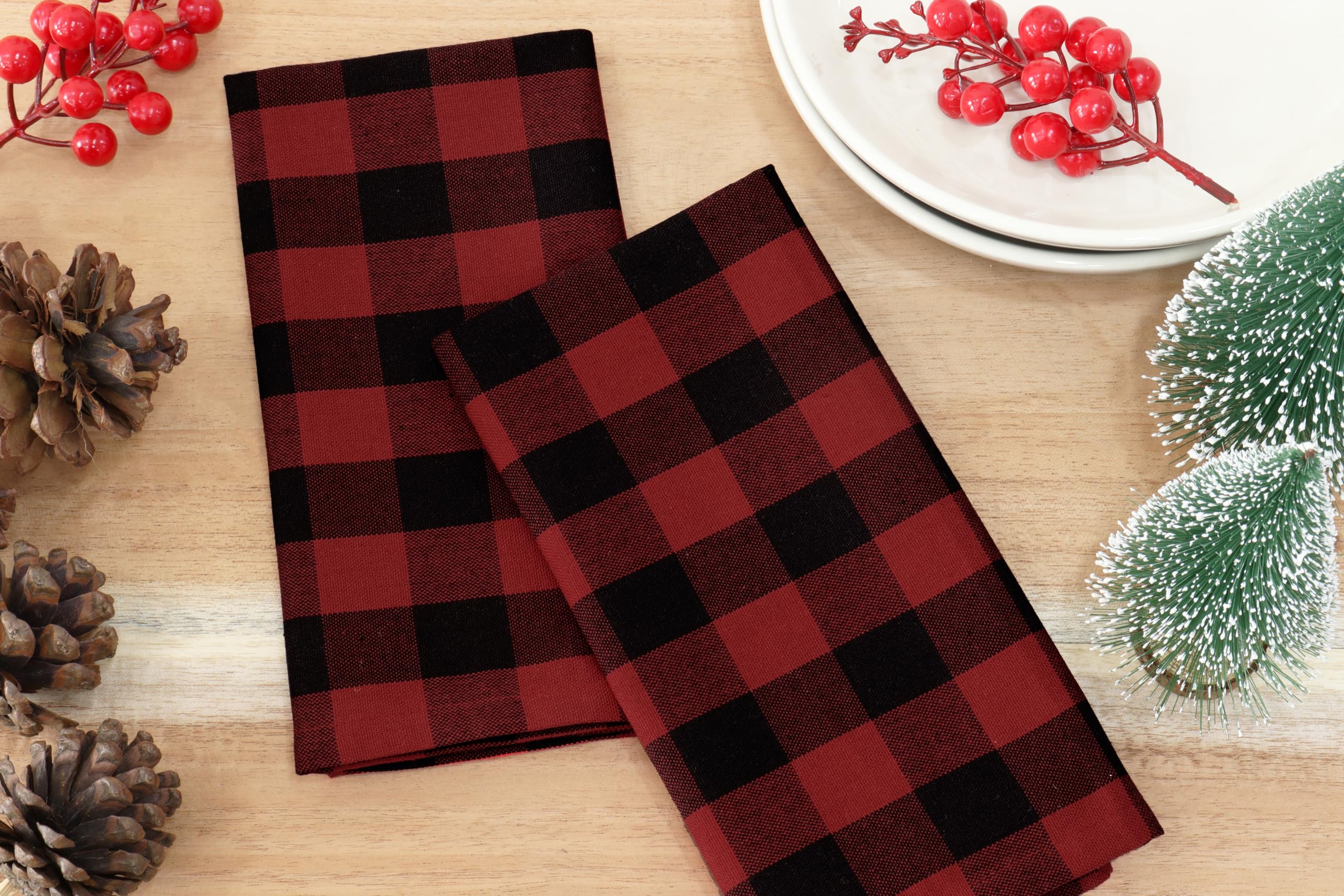 PurpleEssences Buffalo Plaid Cloth Serwetki - Ukośne Narożniki - Świąteczna Serwetka Gingham - Zestaw 12-100% Bawełna - Wielokrotnego Użytku Zmywalne - Czerwony i Czarny