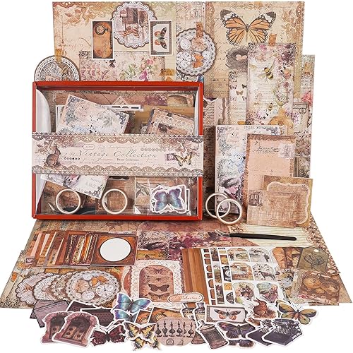 Funto Scrapbooking Kit (202 PCS), Vintage Collection-Wisteria & Butterfly, Perfect for Bullet Scrapbooking Materials, Planner DIY Arts Craft Collage