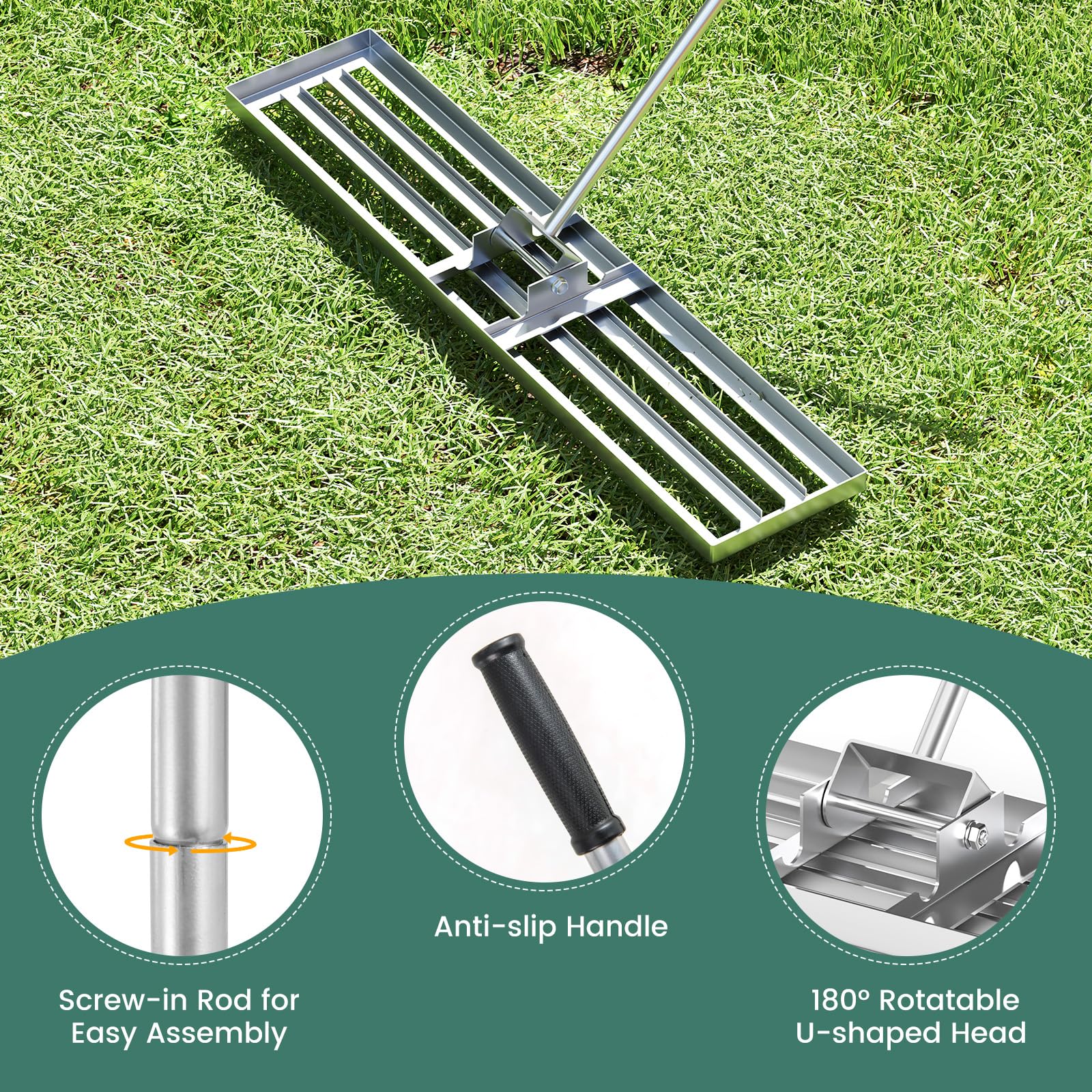 Rastrillo nivelador de césped, 30/36/42/46" x 10" con Mango ergonómico de 77", Herramienta Resistente para jardinería, Campo de Golf y Granja (117 x 25 cm, Plateado)