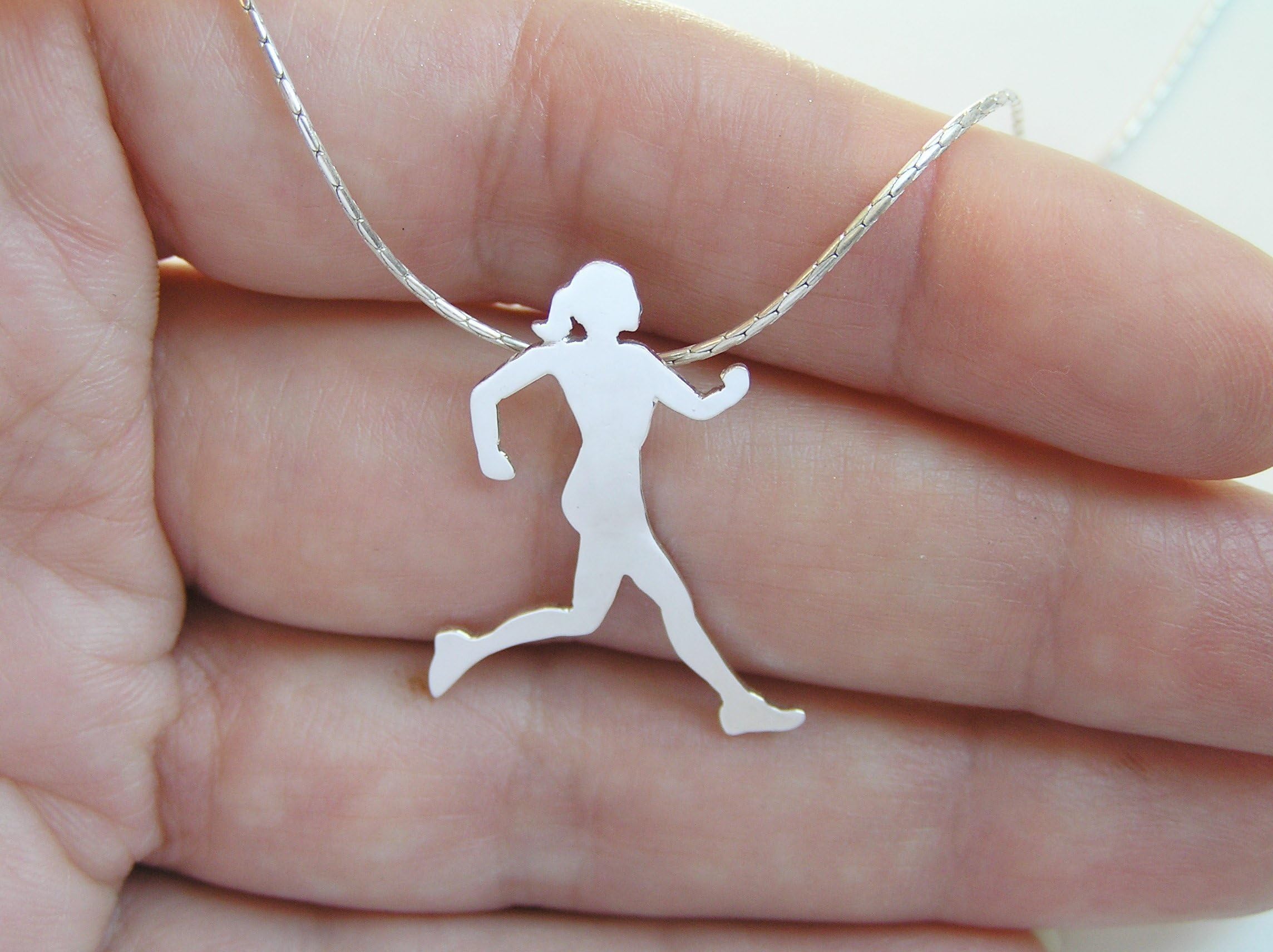 Sterling Silver Running Woman Pendant Necklace Sport Jewelry
