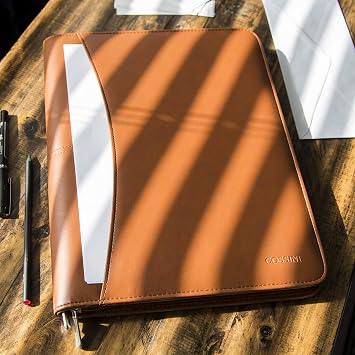 Cossini Premium Business Portfolio with Zipper Padfolio - Superior Business Impressions Begin with PU Vegan Leather, 10.1 Inch Tablet Sleeve, Smart Storage, Solar Calculator, Writing Pad - Tan