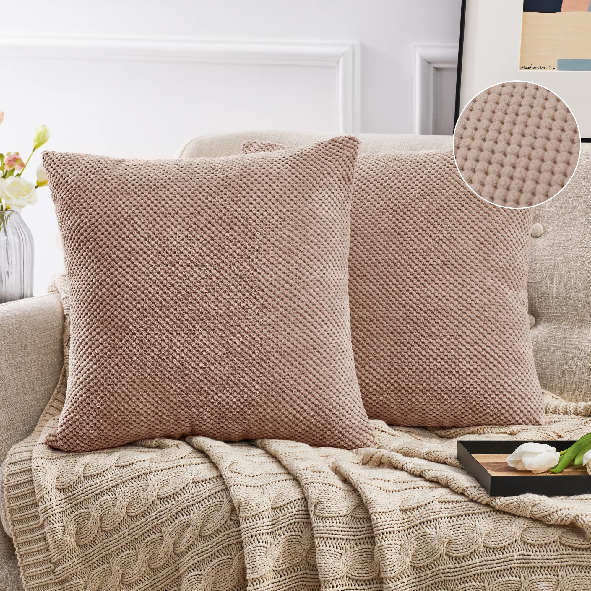 Deconovo Brown Cushion Covers 40Cm X 40Cm, Soft Corduroy Granule Throw Pillow Covers, Decorative Pillowcases For Bedroom With Invisible Zipper,16X16 Inch, Pack Of 2