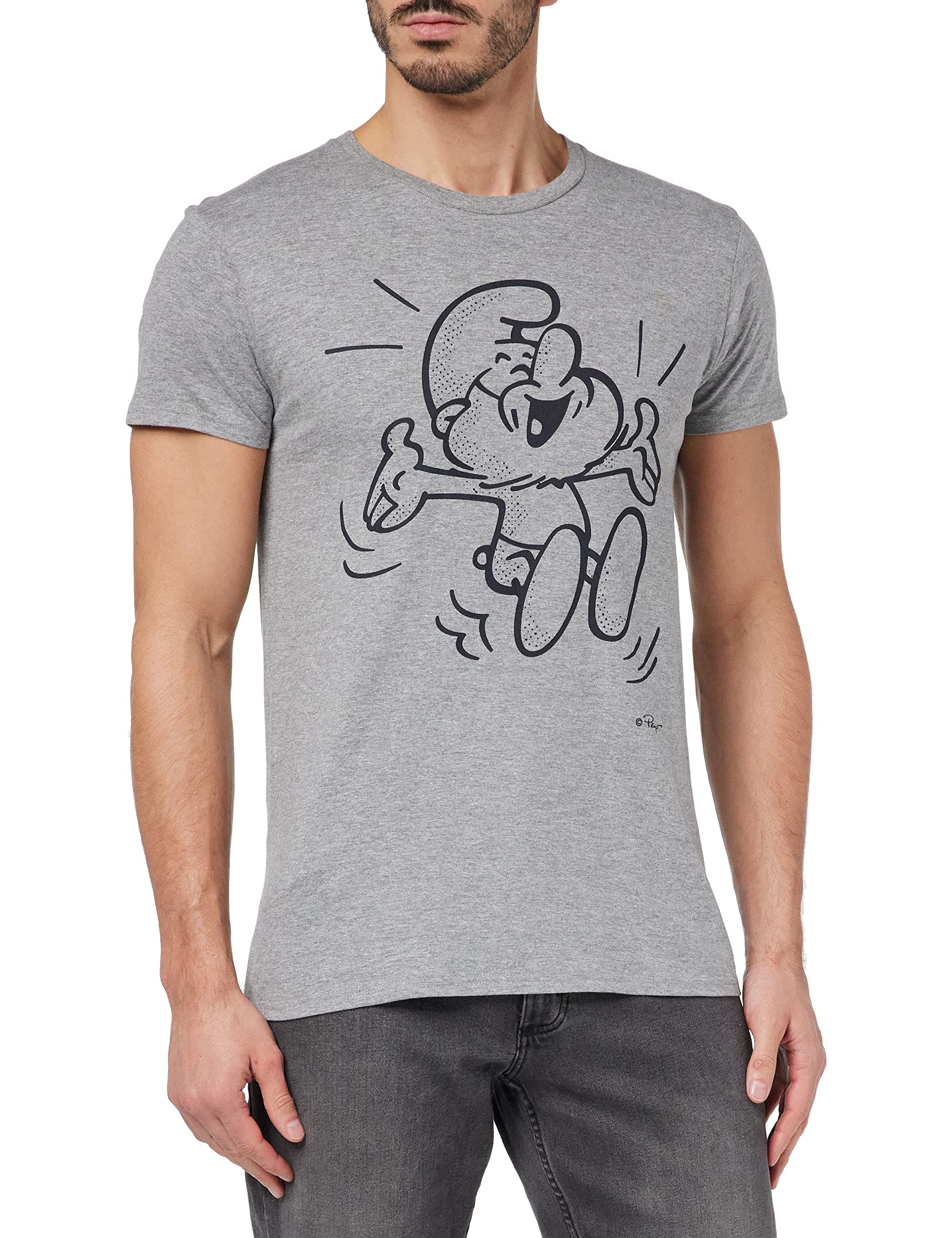 The Smurfs Les Schtroumpfs MESMURFTS009 T-Shirt, Grey Melange, XS, Men's, Melange Grey, XS
