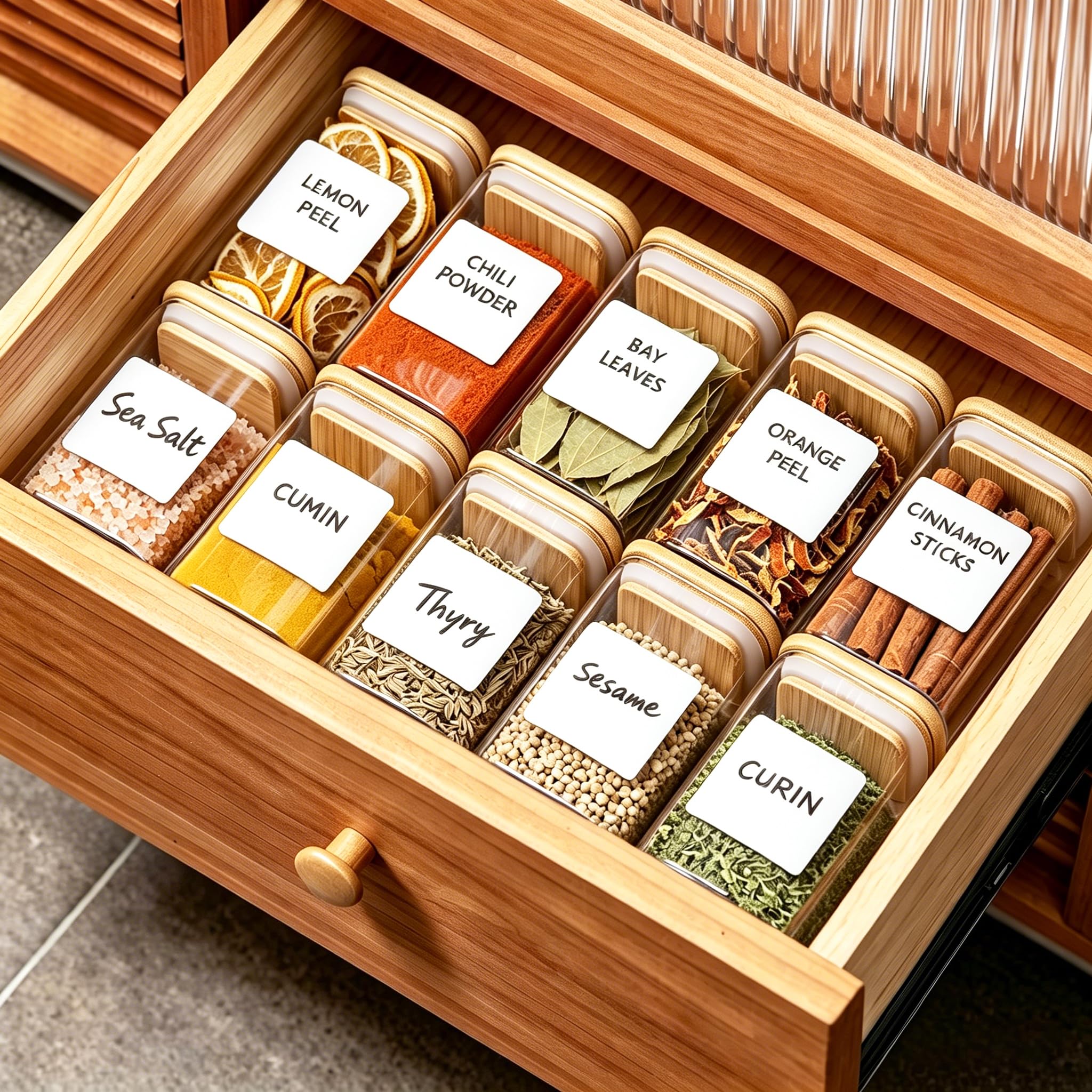 Lot de 12 bocaux à épices avec couvercles en bambou, contenants carrés en verre de 227g pour assaisonnement avec 45 étiquettes et marqueurs DIY, bocaux en verre hermétiques pour l'organisation et le