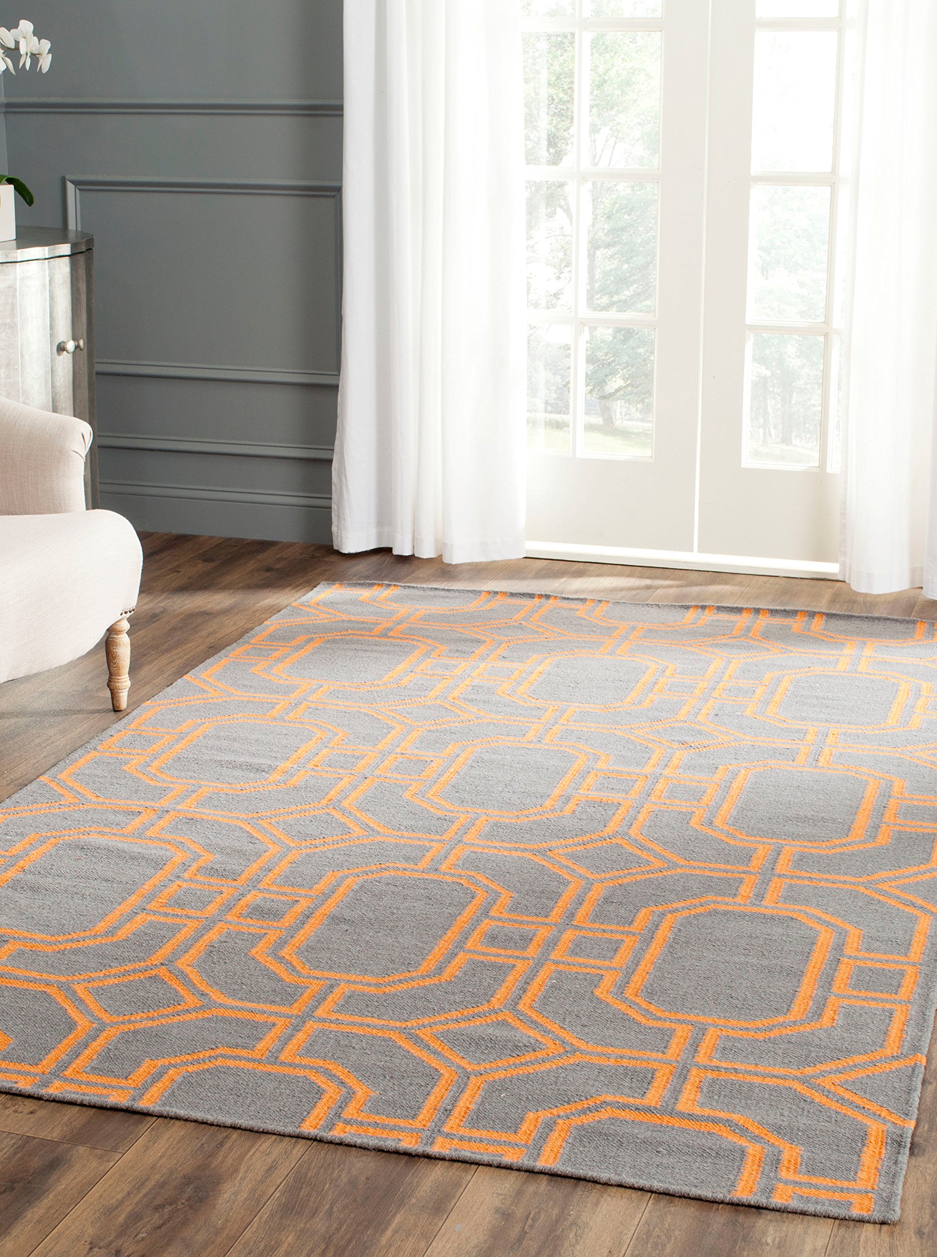 Safavieh Contemporary Indoor Flatweave Rectangle Area Rug, Dhurrie Collection, DHU860, in Blue / Orange - Image 2