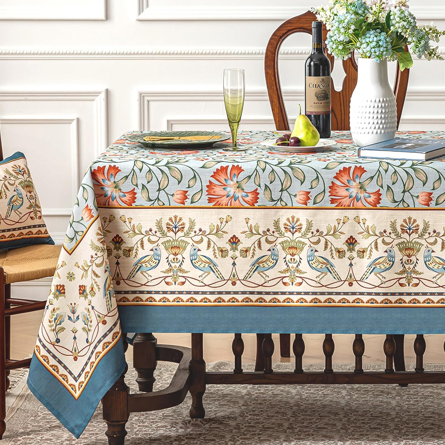 Designer French Linen Table Cloth for Rectangle Tables,Vintage Iris Floral Pattern Tablecloth,Colorful Table Cover for Kitchen Dining,Fall Holiday,Thanksgiving, 55x71