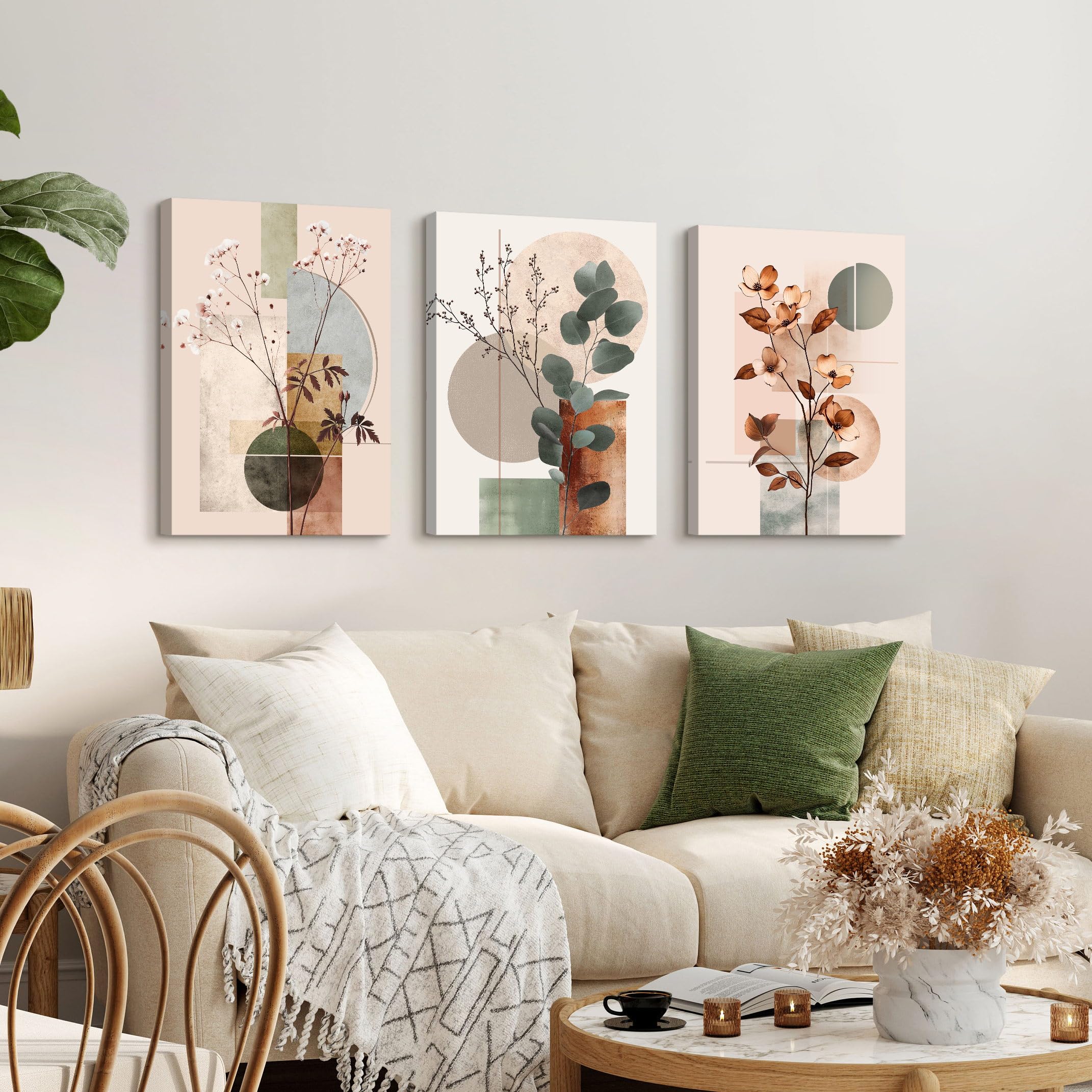 3Pcs Beige Geométrico Abstracto Marcos Con Modernos Cuadros Decoracion Botánico Algodón Eucalipto Hoja Cuadro y Láminas Plantas Floral Lienzos Decorativos Hogar Para Comedor Salon Dormitorios 40X60cm