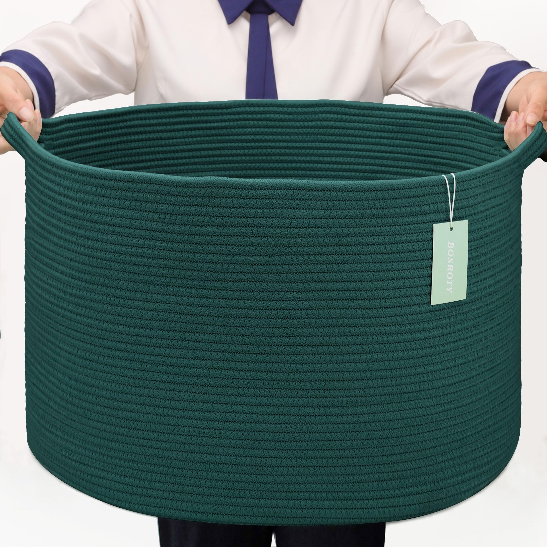 BOSROTY Extra Large Blanket Basket 87L, Laundry Hamper, Baby Nursery Hamper for Storage Toys Clothes Towels, Large Cotton Rope Laundry Basket for Girls Boys, 22”x 14”, Dark Green