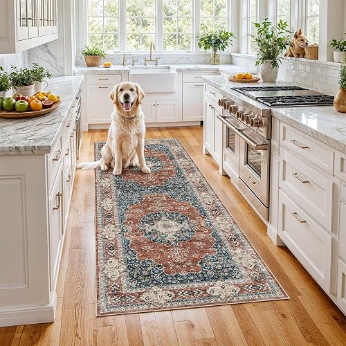 Ksrau 3x6 Runner Rug Washable Vintage (Brick/Blue)
