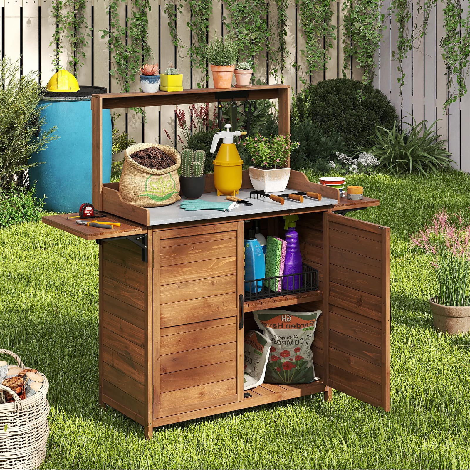 COSTWAY Mesa de Trabajo para Exteriores, Mesa de Jardinería de Madera con Tablero Metálico, Armario, Estantes Laterales Plegables, Estante Ajustable, Banco de Trabajo para Jardinería y Plantación