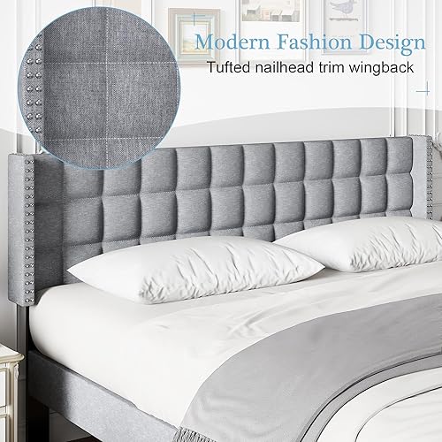 Miniatura 5 de VECELO Cabecero tapizado de lino para cama tamaño King, con cabeza de clavo copetuda y respaldo doble con alas para dormitorio, 6 posiciones