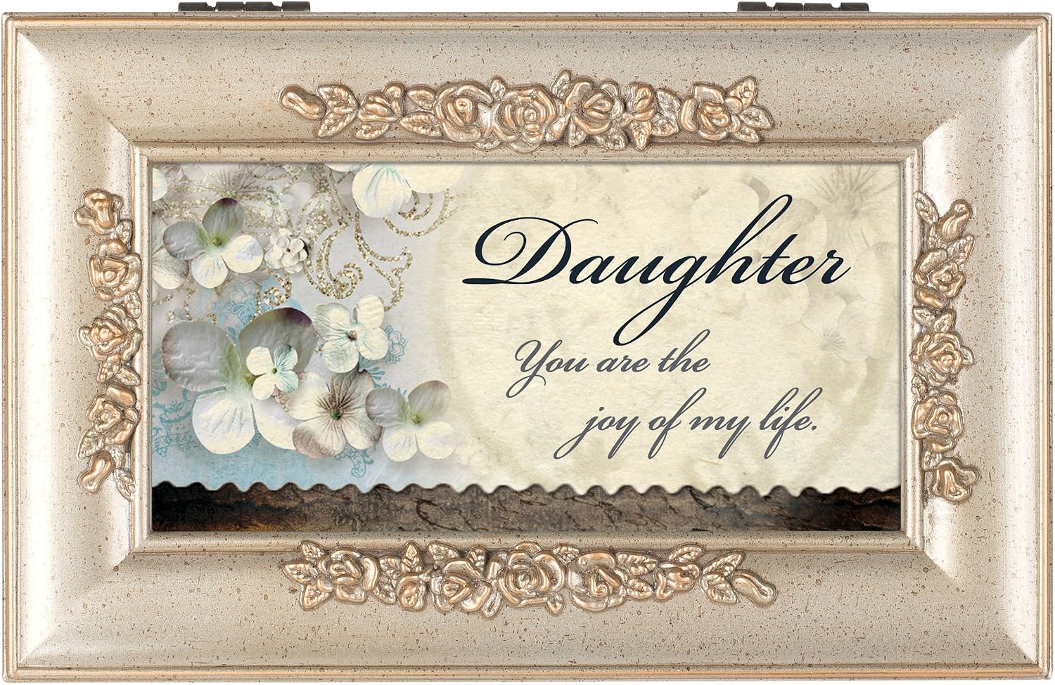 Cottage Garden Daughter You are the Joy Silvertone Embossed Floral Jewelry Music Box Plays You Light Up My Life image 2