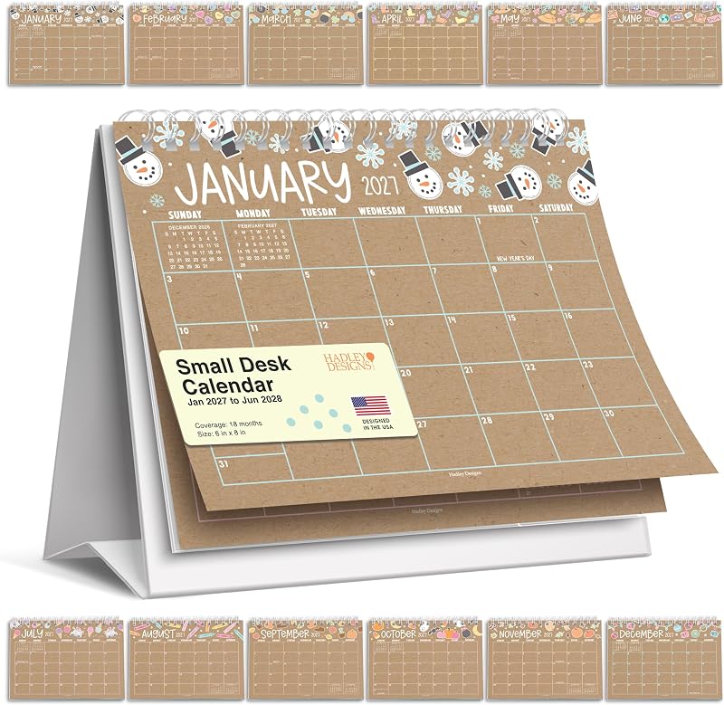 Hadley Designs Small Desk Calendar 2027 Standing Flip 2027-2028 Kraft Doodle in 2027-2028 Kraft Doodle