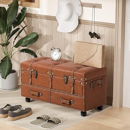 LONYKE Vintage Treasure Chest Bench with Latch Closure and Buckle Trunk , Farmhouse Faux Leather Storage Ottoman Bench for Living Room, Entryway, Bedroom, Sponge Padded Orange