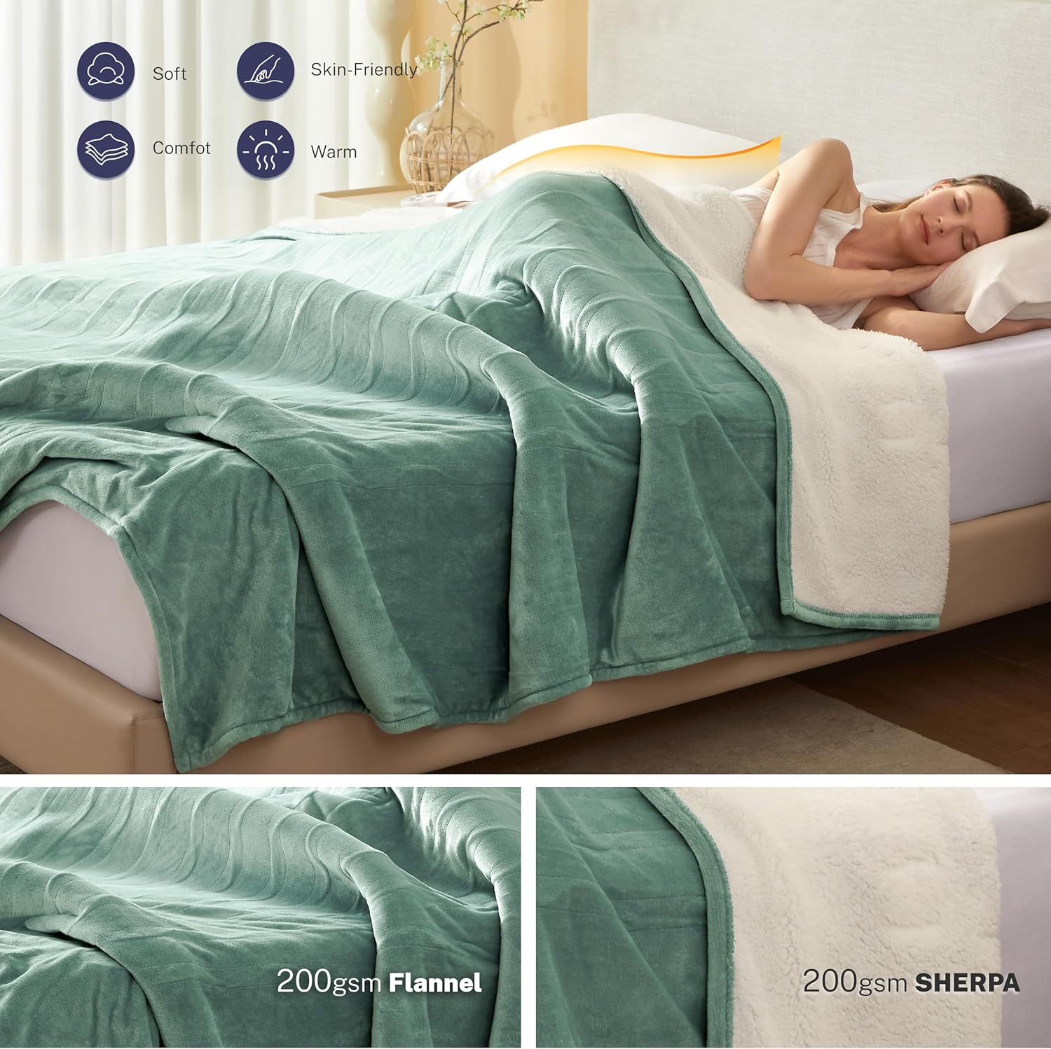 Electric Blanket Throw 50"x60" Heated Electric Blankets 10 Heating Levels 12 Time Settings 3 Hours Auto Off Fast Heating and Overheat Protection ETL Certified Machine Washable,Green