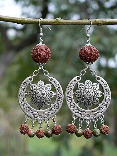 Miniatura 8 de Mandala Earrings with Rudraksha Beads and Unakite Stones - Handmade, Shakti flower, Real 5 Mukhi Rudraksh Seed, Saraswati Festival Jewelry, Hippie