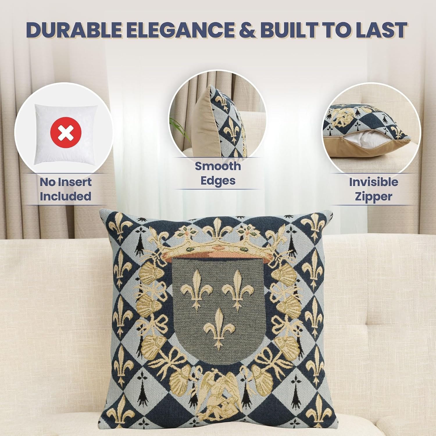Charlotte Home Furnishings Medieval Crest Throw Pillow Cover 18" x 18" – Fleur de Lis Tapestry Cushion Case for Couch, Sofa, or Bed | Jacquard Woven in Belgium | Cotton Blend, Insert Not Included