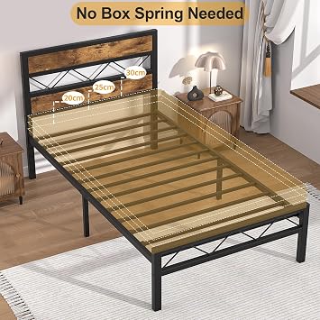 VECELO Single Bed Frame Set of 2 with Rustic Vintage Wooden Headboard, Heavy Duty Metal Slats Support, Platform Mattress Base No Box Spring Needed, No Noise, Easy Assembly