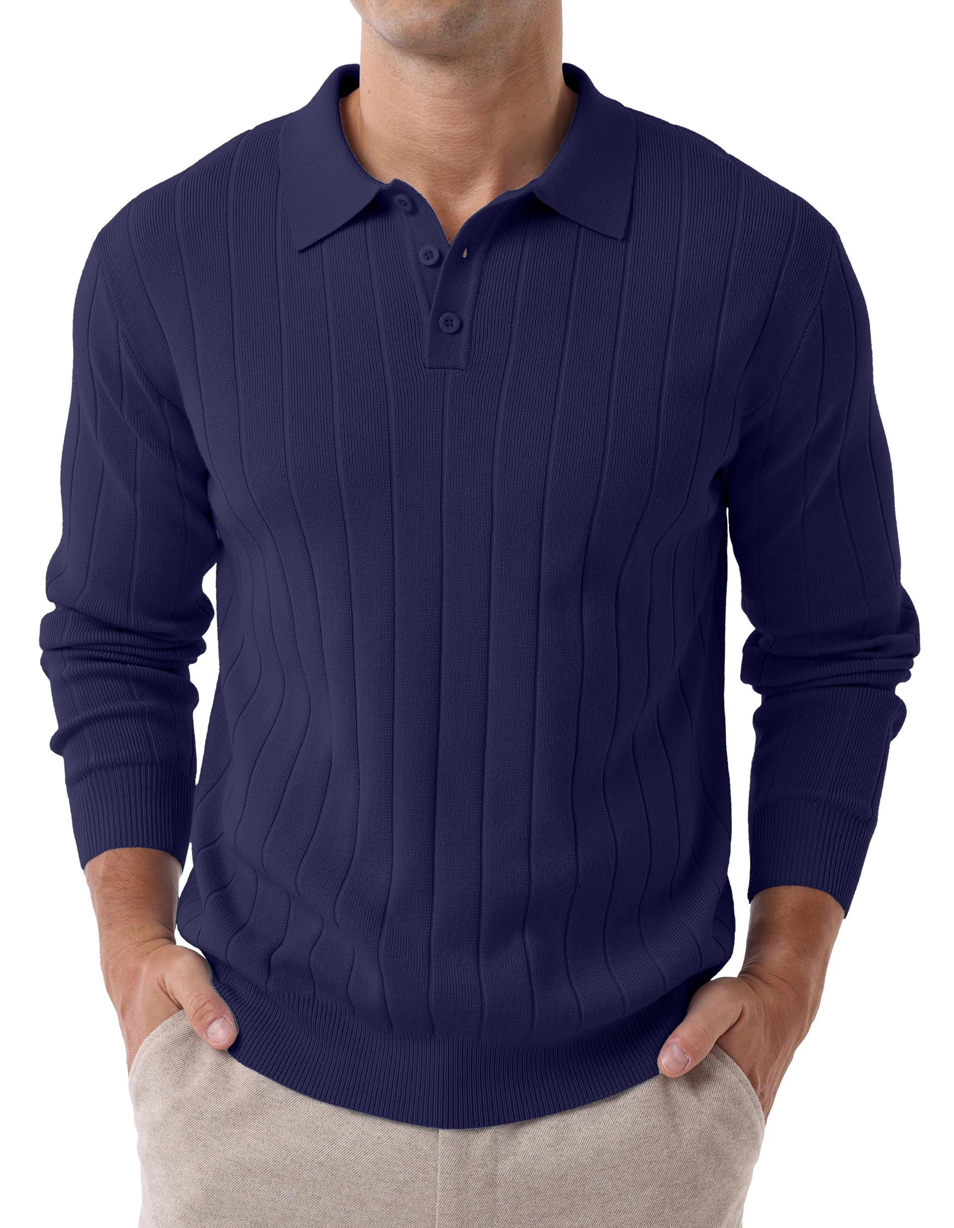 Hisir Polo da uomo a maniche lunghe invernali in maglia, vestibilità regolare, casual, classico, a righe verticali