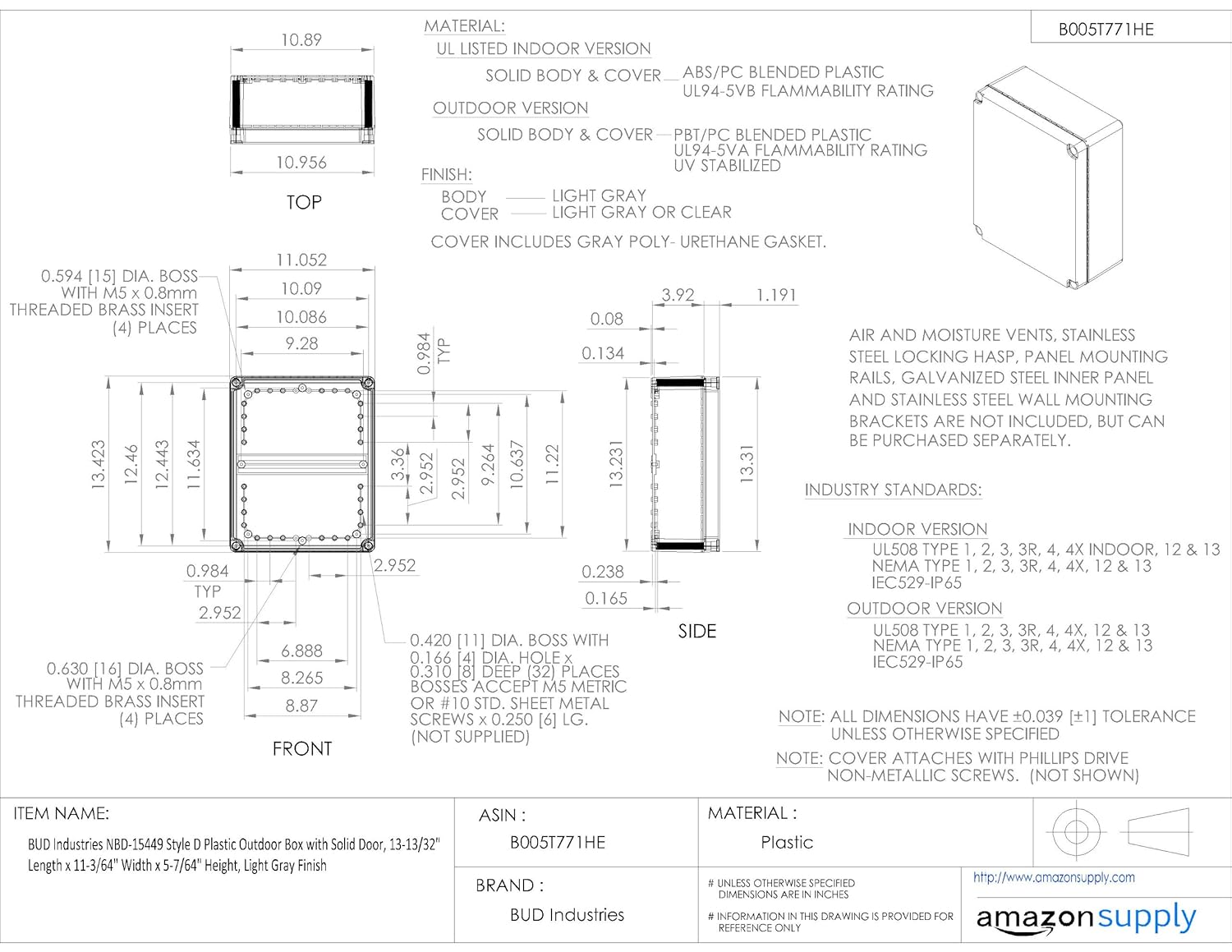 Black Friday - 80% OFF BUD Industries NBD-15449 Plastic Outdoor Box with Solid Door 13.42 L x 11.05 W, Gray Best Deal BUD Industries NBD-15449 Plastic Outdoor Box with Solid Door 13.42 L x 11.05 W, Gray