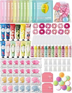 120PCS Spa Party Supplies for Girls, Include Facial Masks, Lip Mask, Under Eye Patches, Lip Balm, Foot Bath Bombs, Hand Cream, Compressed Towel, Hair Band, Sleepover Party Supplies for Girls