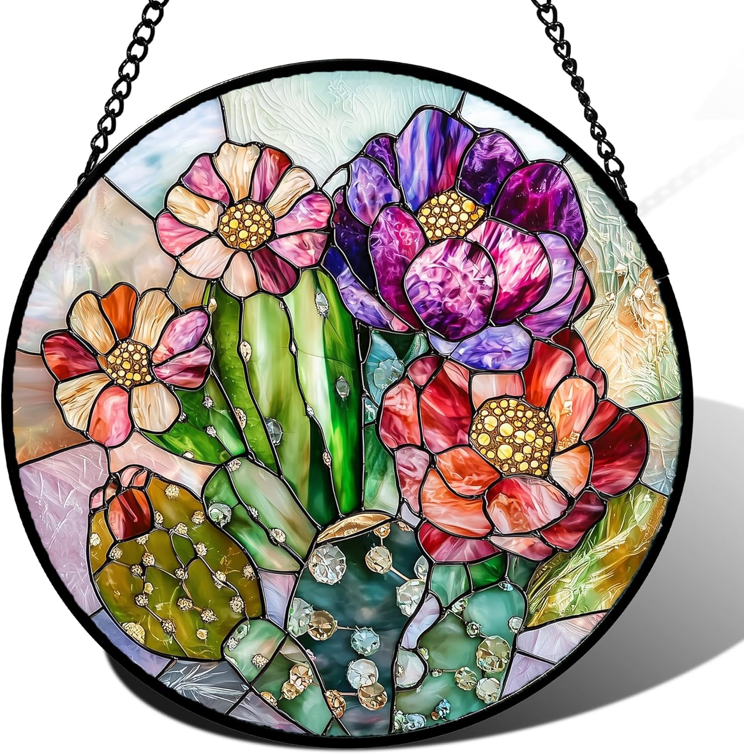 Stained Glass Window Hanging, Cactus Flower Sun Catcher for Door Home Decor Colorful Suncatcher Christmas Mother's Day Birthday Gifts for Women Men Mom and Nana 9.8 in