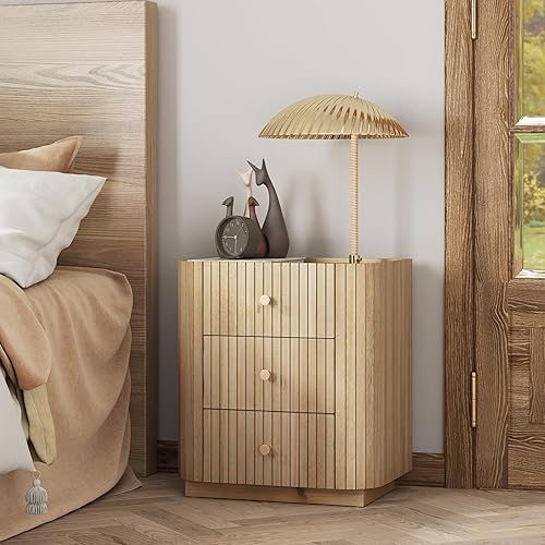 Miniatura 6 de COZAYH Mesita de noche de madera de 3 cajones con listones verticales, cómoda rústica de borde curvado con asas de metal, mesa auxiliar de cama de